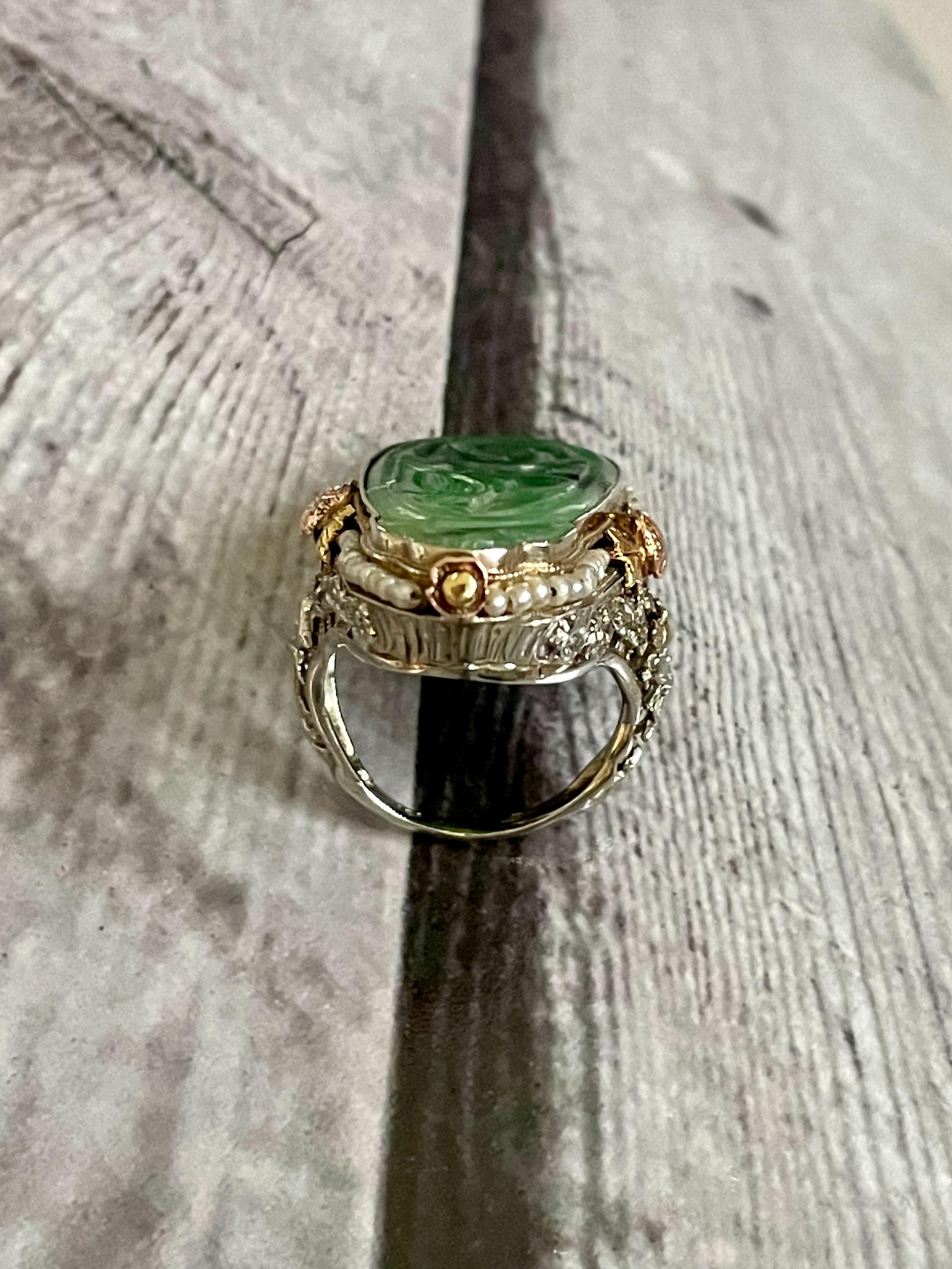 Vintage Vintage Jugendstil Jade und See Perle 18 Karat Gelbgold Ring im Angebot 2