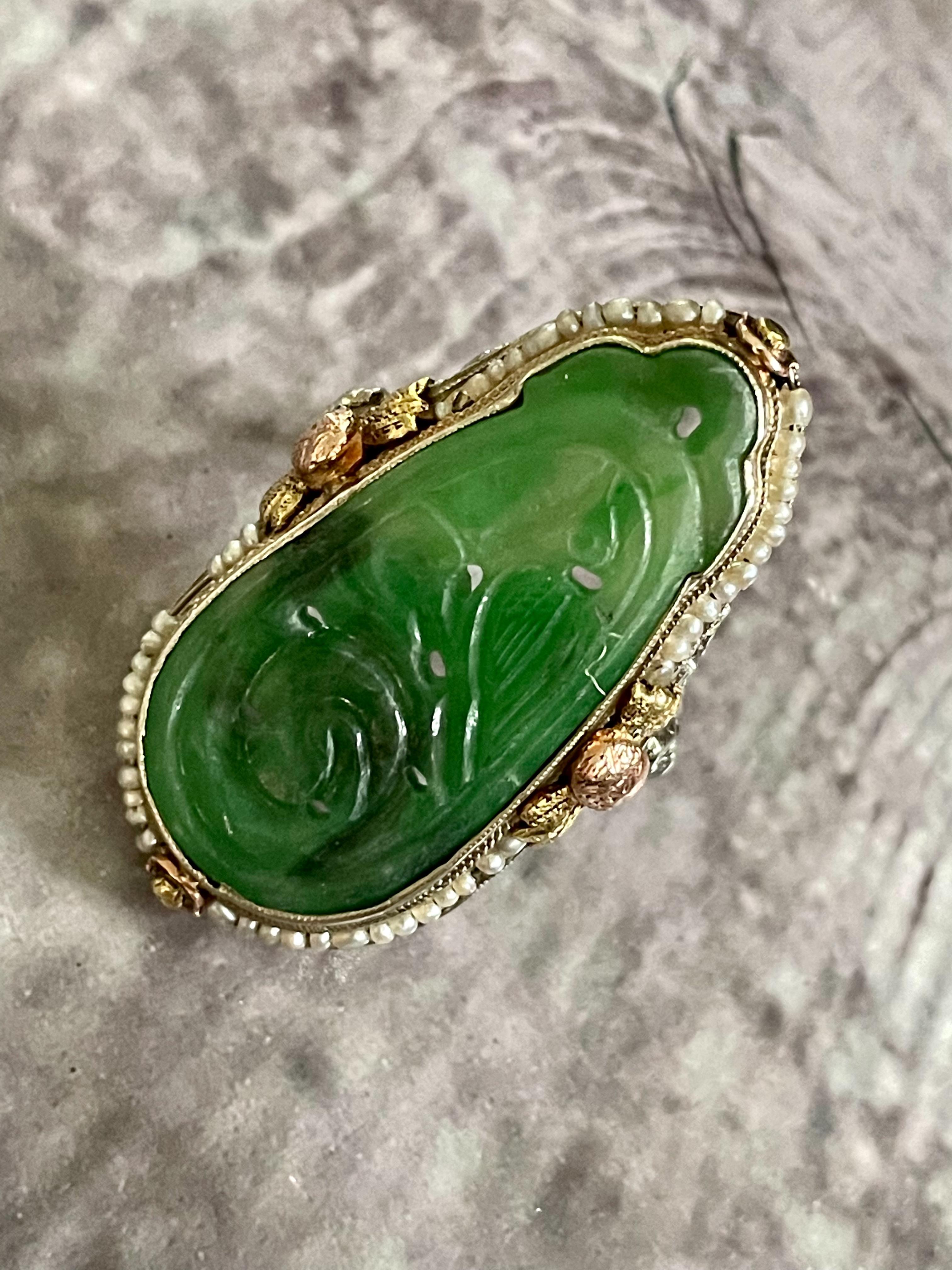Vintage Vintage Jugendstil Jade und See Perle 18 Karat Gelbgold Ring im Angebot 3