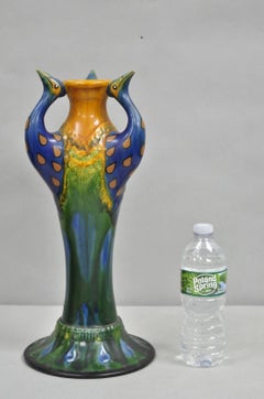 Vintage Art Nouveau Majolica Style Glazed Ceramic Pottery Peacock Bird Vase