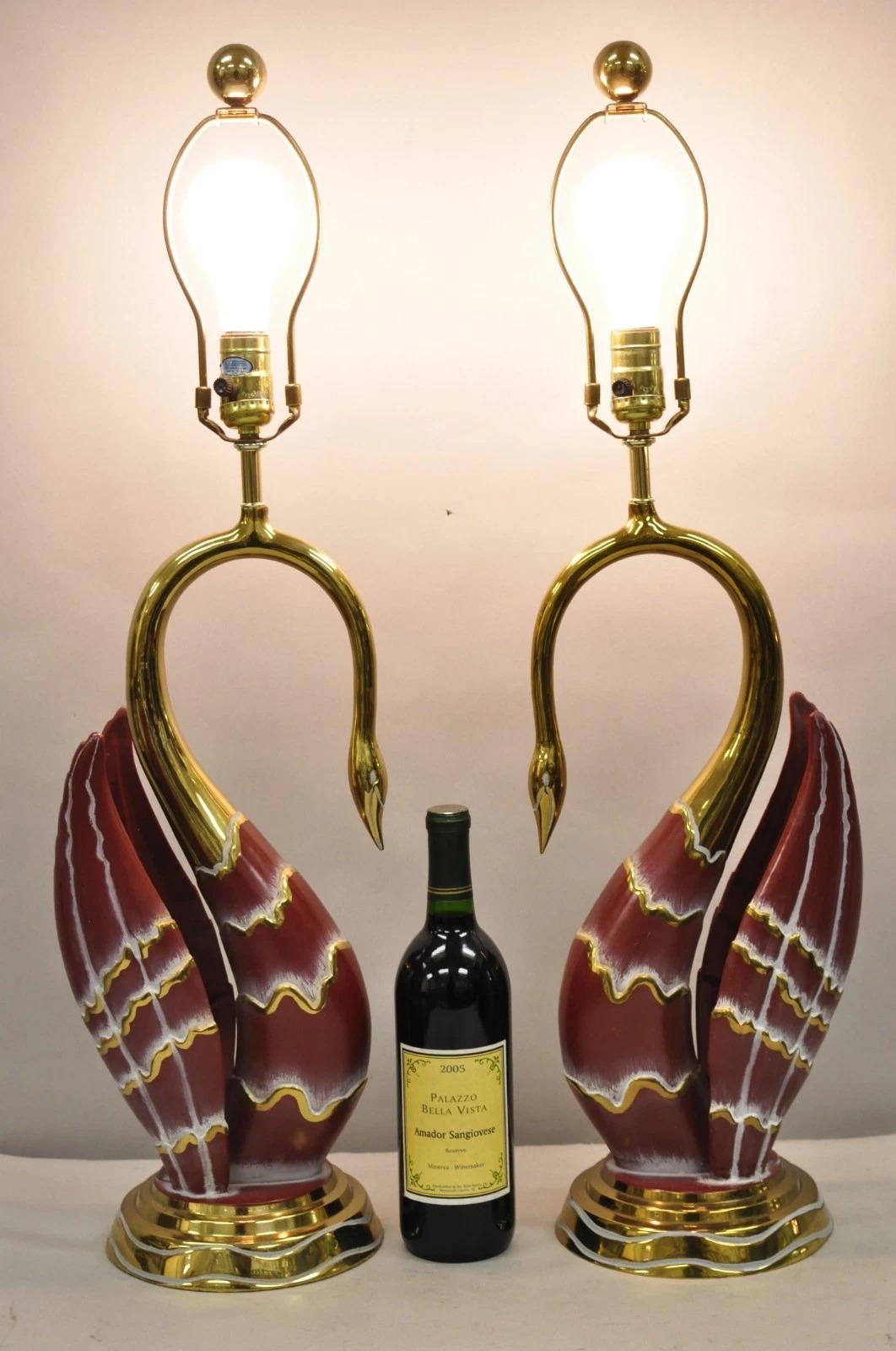 Vintage Art Nouveau Modern Brass Figural Swan Gold Red Table Lamps w Shades Pair For Sale 5