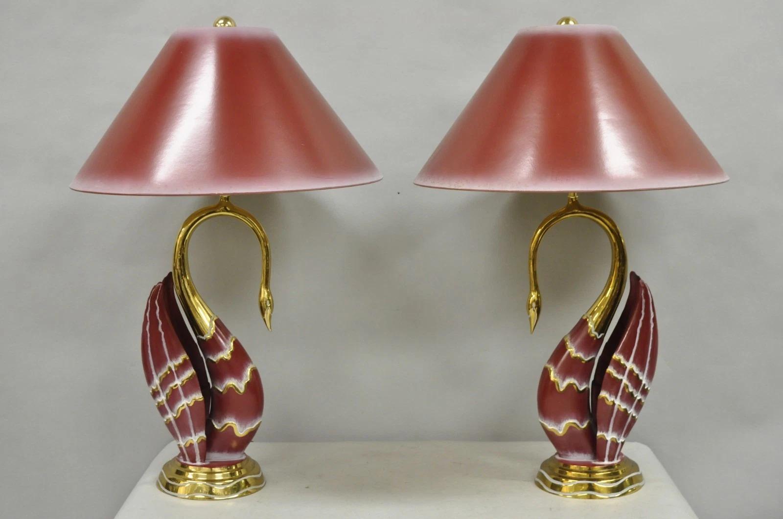 Vintage Art Nouveau Modern Brass Figural Swan Gold Red Table Lamps w Shades Pair For Sale 7