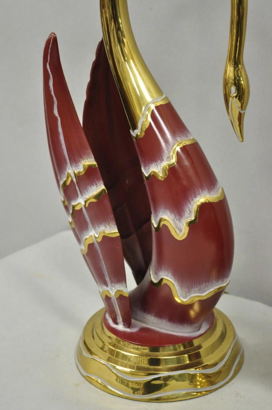 Vintage Art Nouveau Modern Brass Figural Swan Gold Red Table Lamps w Shades Pair For Sale 9