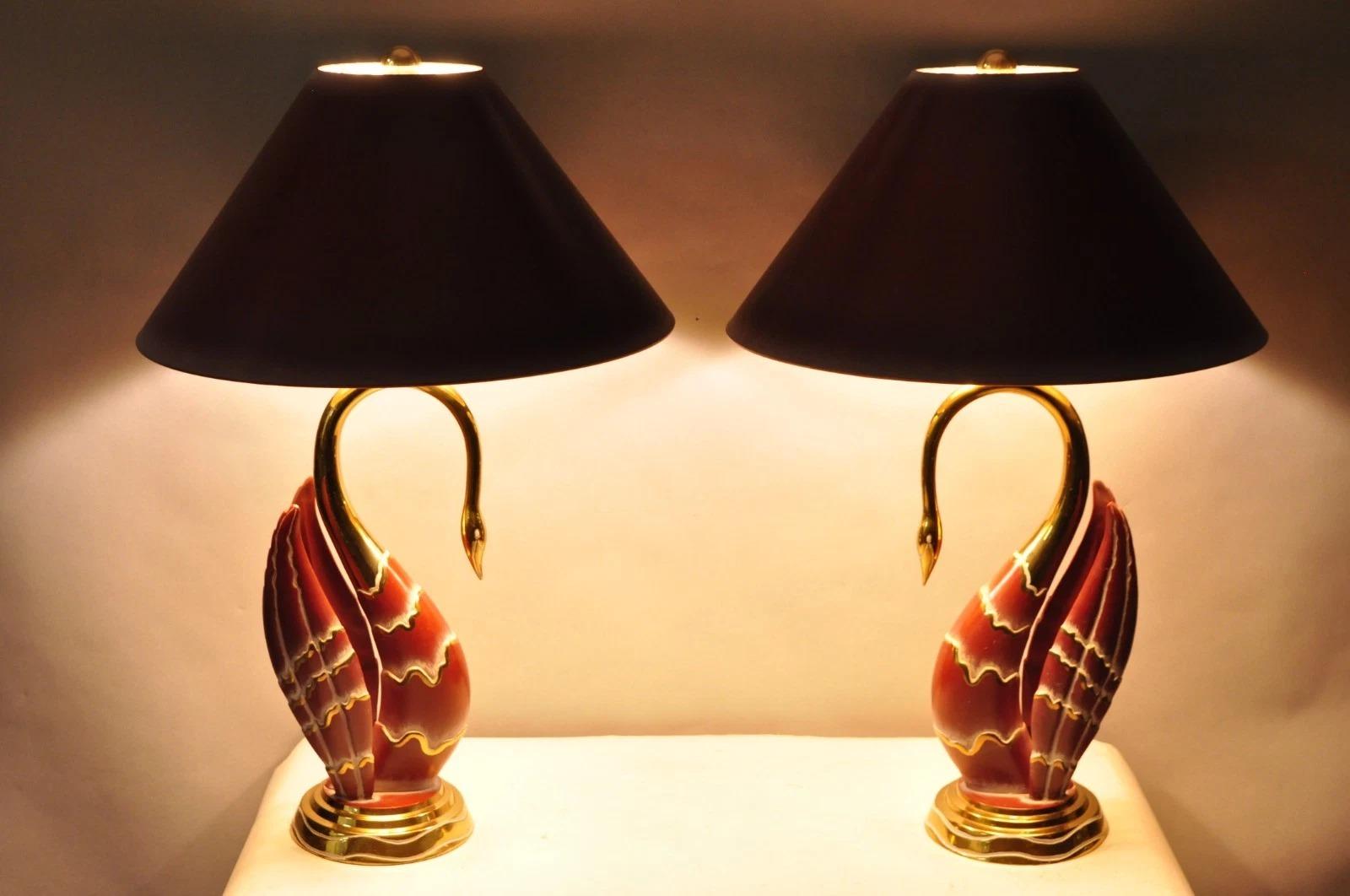 High Quality Vintage Art Nouveau Modern Brass Figural Swan Gold & Red Table Lamps with Original Gold Lined Artemis Studios Shades - a Pair. Circa Mid 20th Century. Measurements: 31