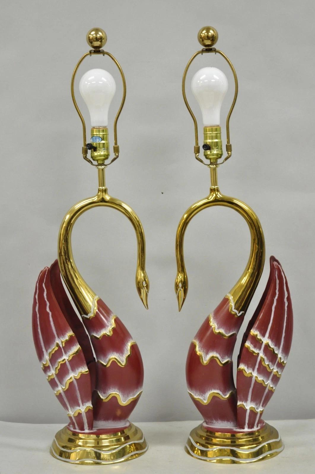 Unknown Vintage Art Nouveau Modern Brass Figural Swan Gold Red Table Lamps w Shades Pair For Sale