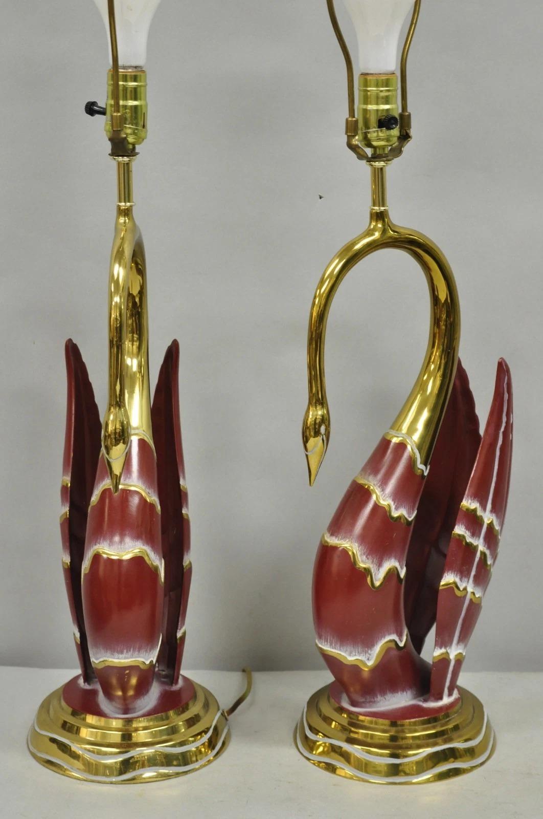 Vintage Art Nouveau Modern Brass Figural Swan Gold Red Table Lamps w Shades Pair In Good Condition For Sale In Philadelphia, PA