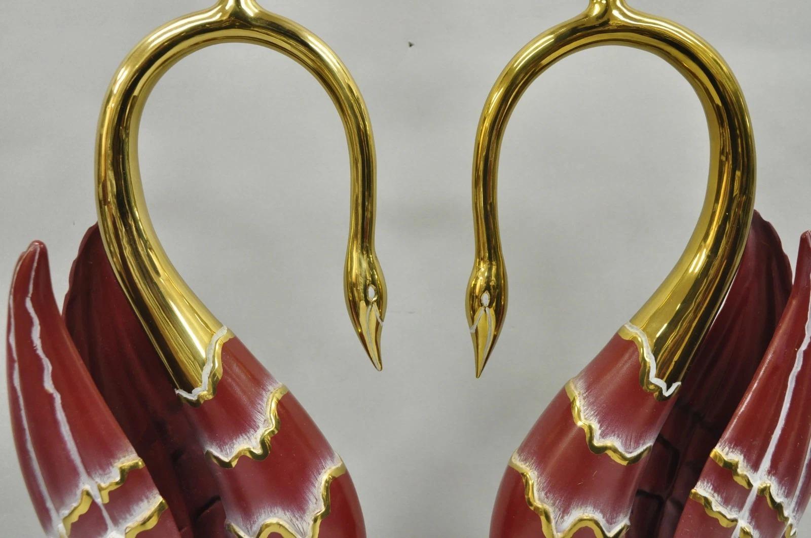 20th Century Vintage Art Nouveau Modern Brass Figural Swan Gold Red Table Lamps w Shades Pair For Sale