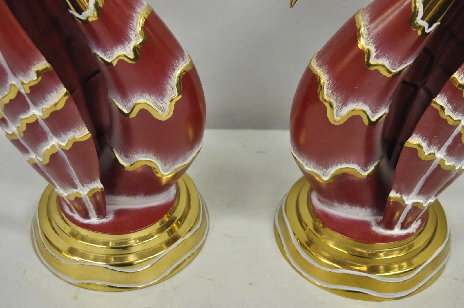 Vintage Art Nouveau Modern Brass Figural Swan Gold Red Table Lamps w Shades Pair For Sale 1