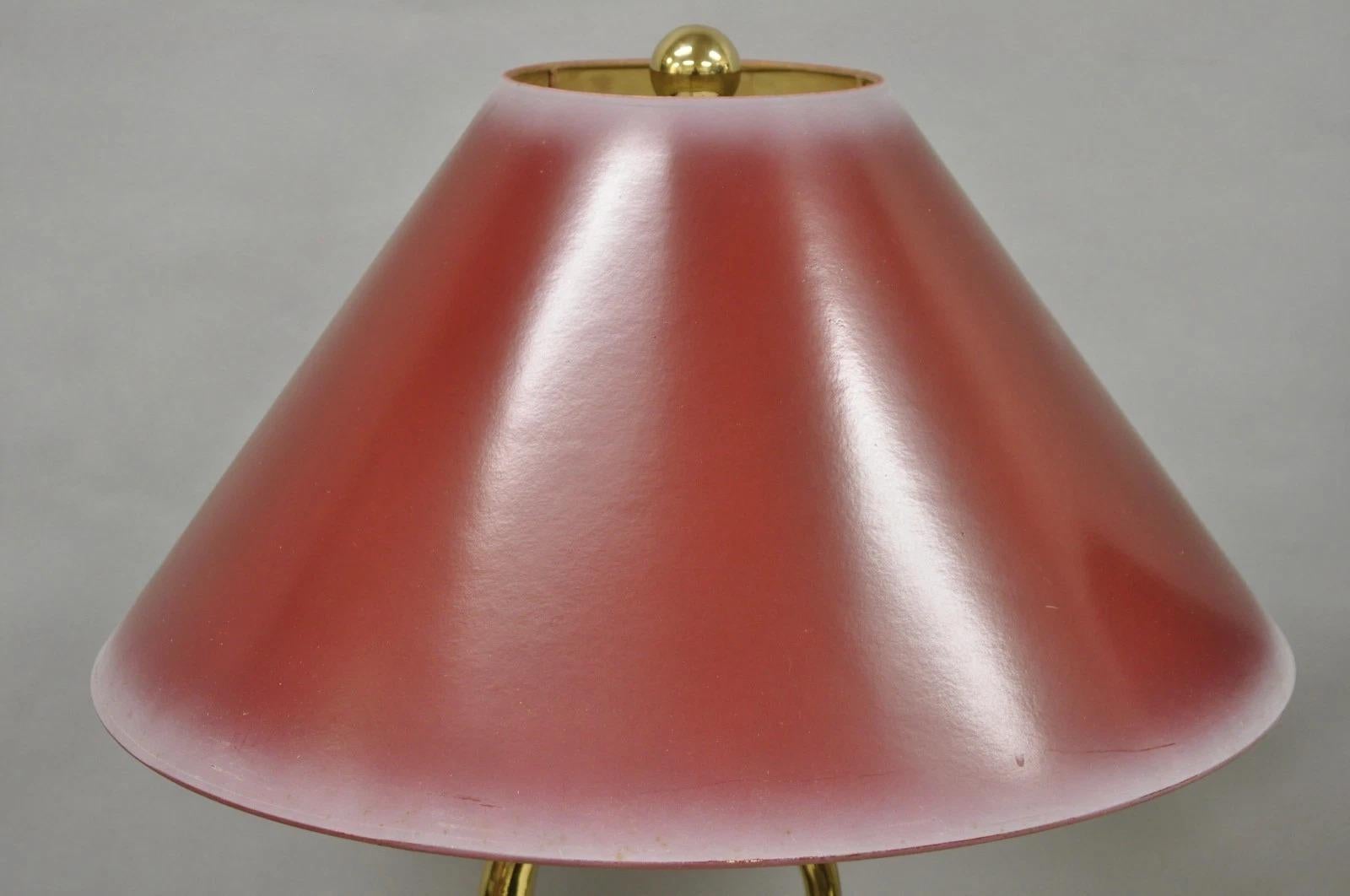 Vintage Art Nouveau Modern Brass Figural Swan Gold Red Table Lamps w Shades Pair For Sale 2