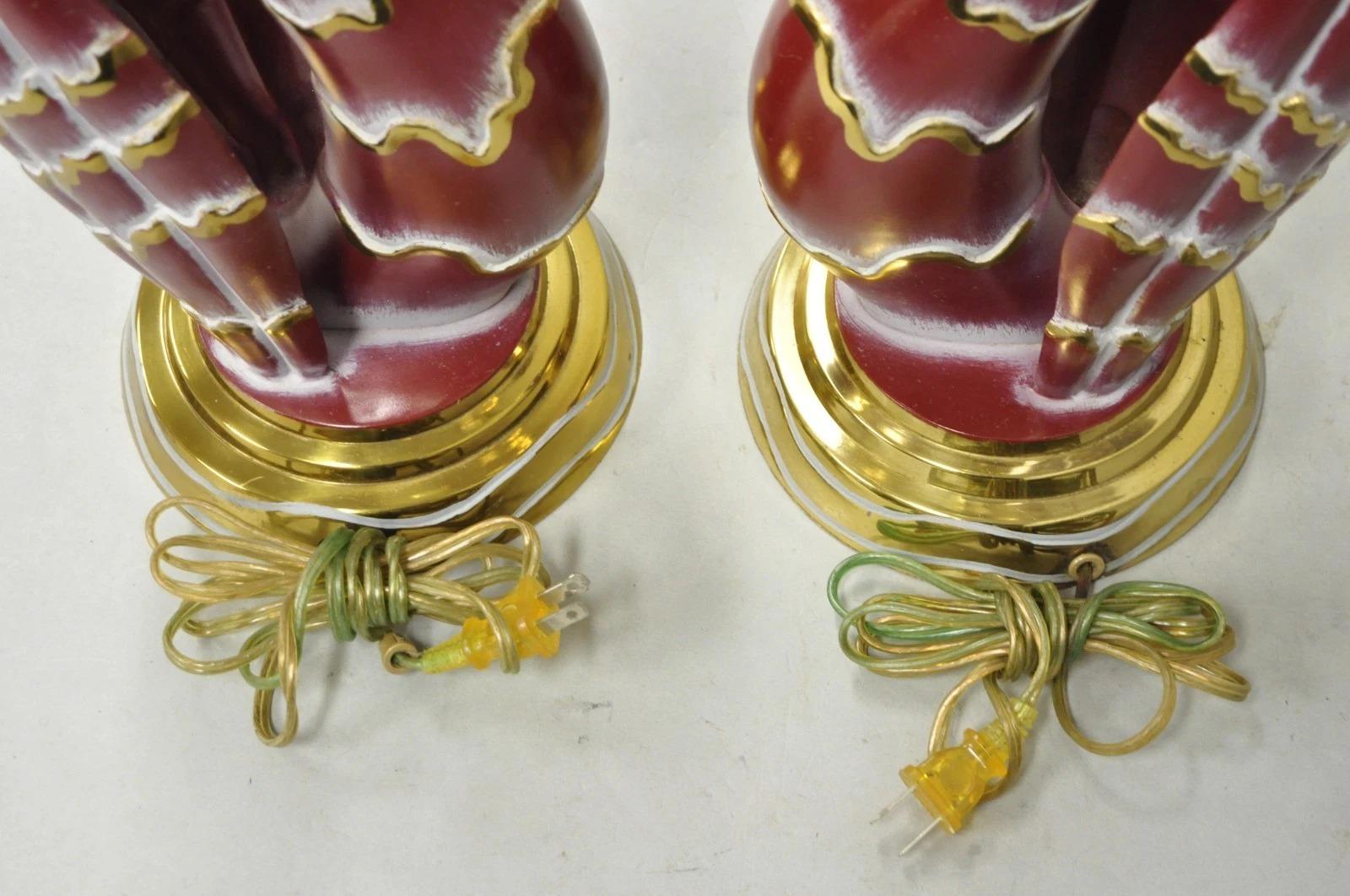 Vintage Art Nouveau Modern Brass Figural Swan Gold Red Table Lamps w Shades Pair For Sale 4