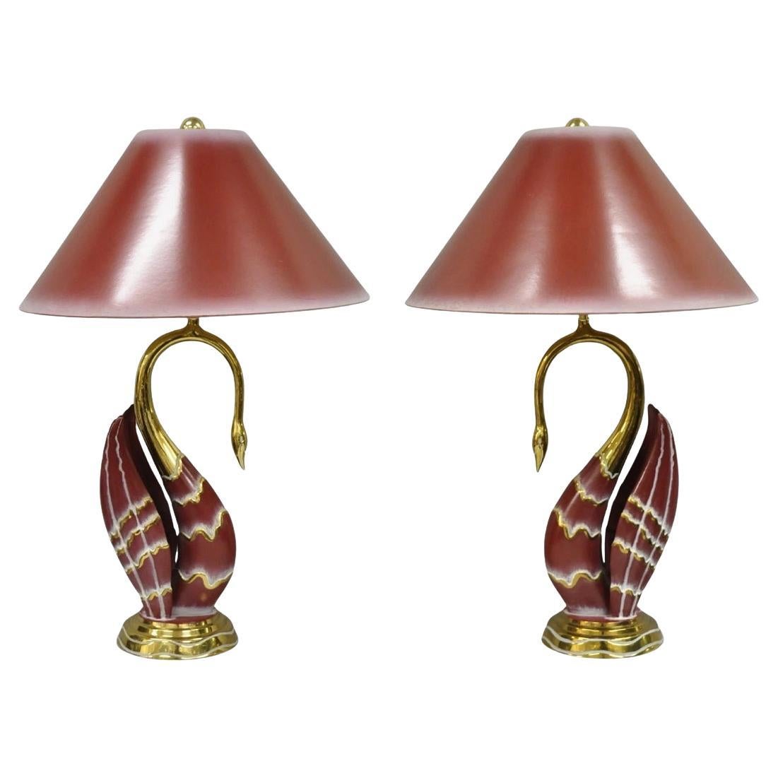 Vintage Art Nouveau Modern Brass Figural Swan Gold Red Table Lamps w Shades Pair For Sale