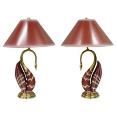 Vintage Art Nouveau Modern Brass Figural Swan Gold Red Table Lamps w Shades Pair