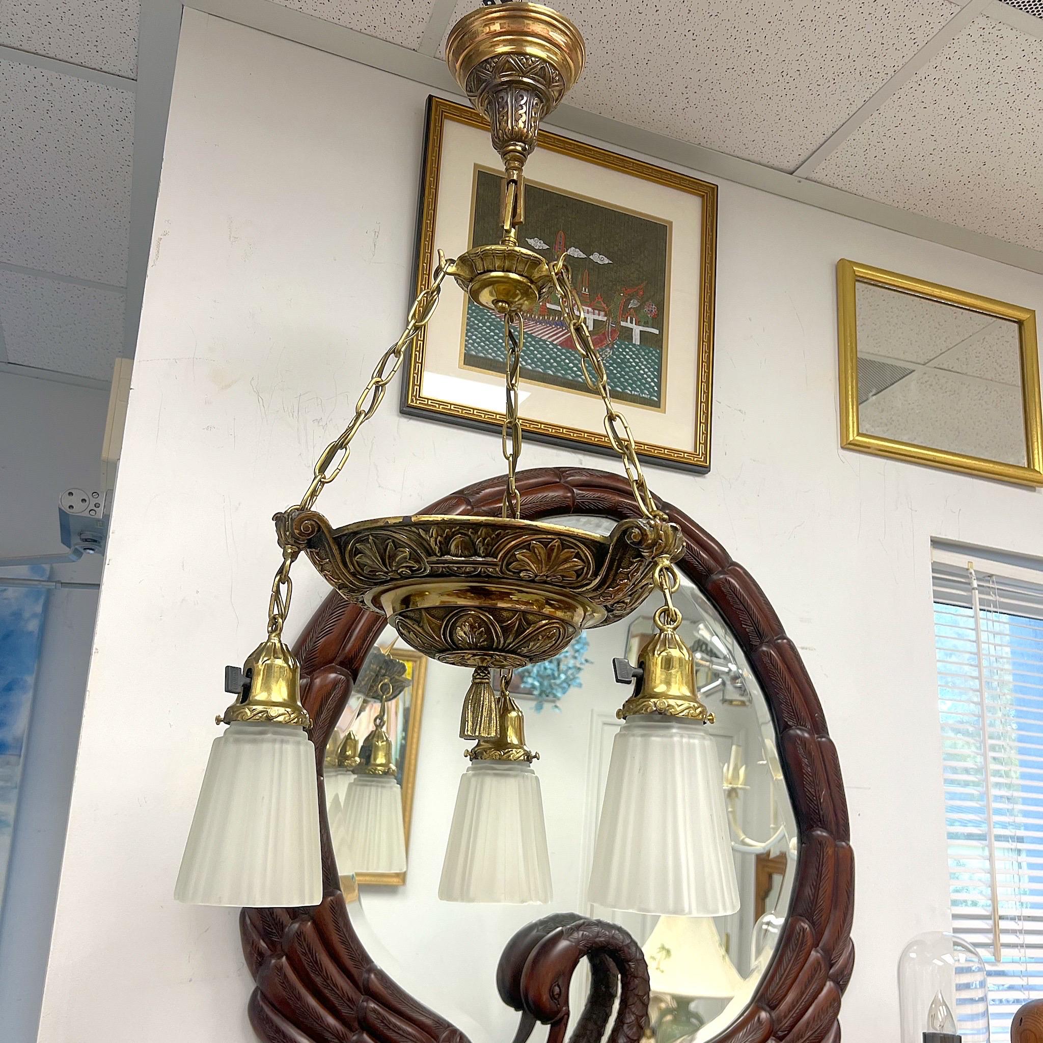 American Vintage Art Nouveau Ornate 3 Light Bronze and Brass and Glass Chandelier For Sale