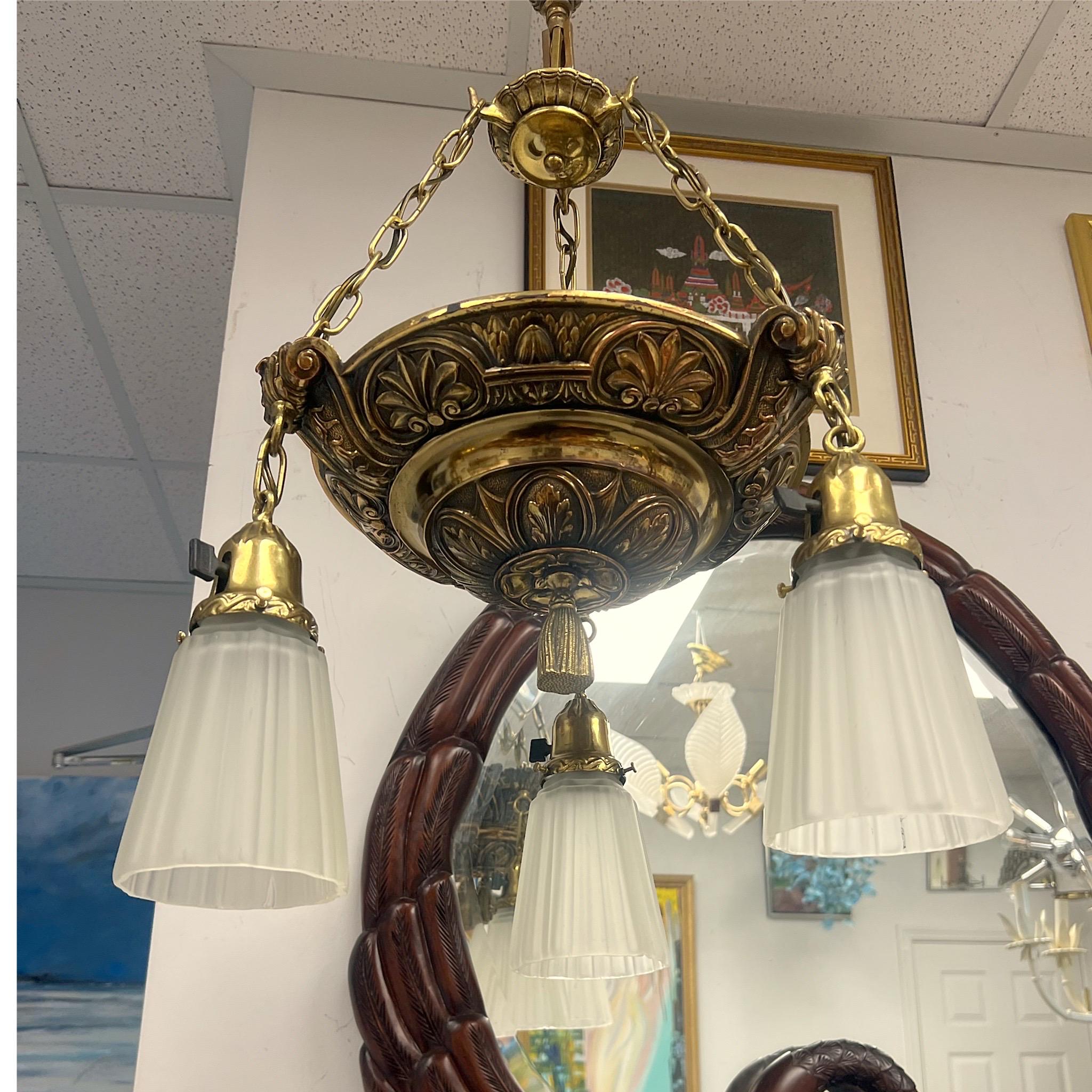 Vintage Art Nouveau Ornate 3 Light Bronze and Brass and Glass Chandelier In Good Condition For Sale In Charleston, SC