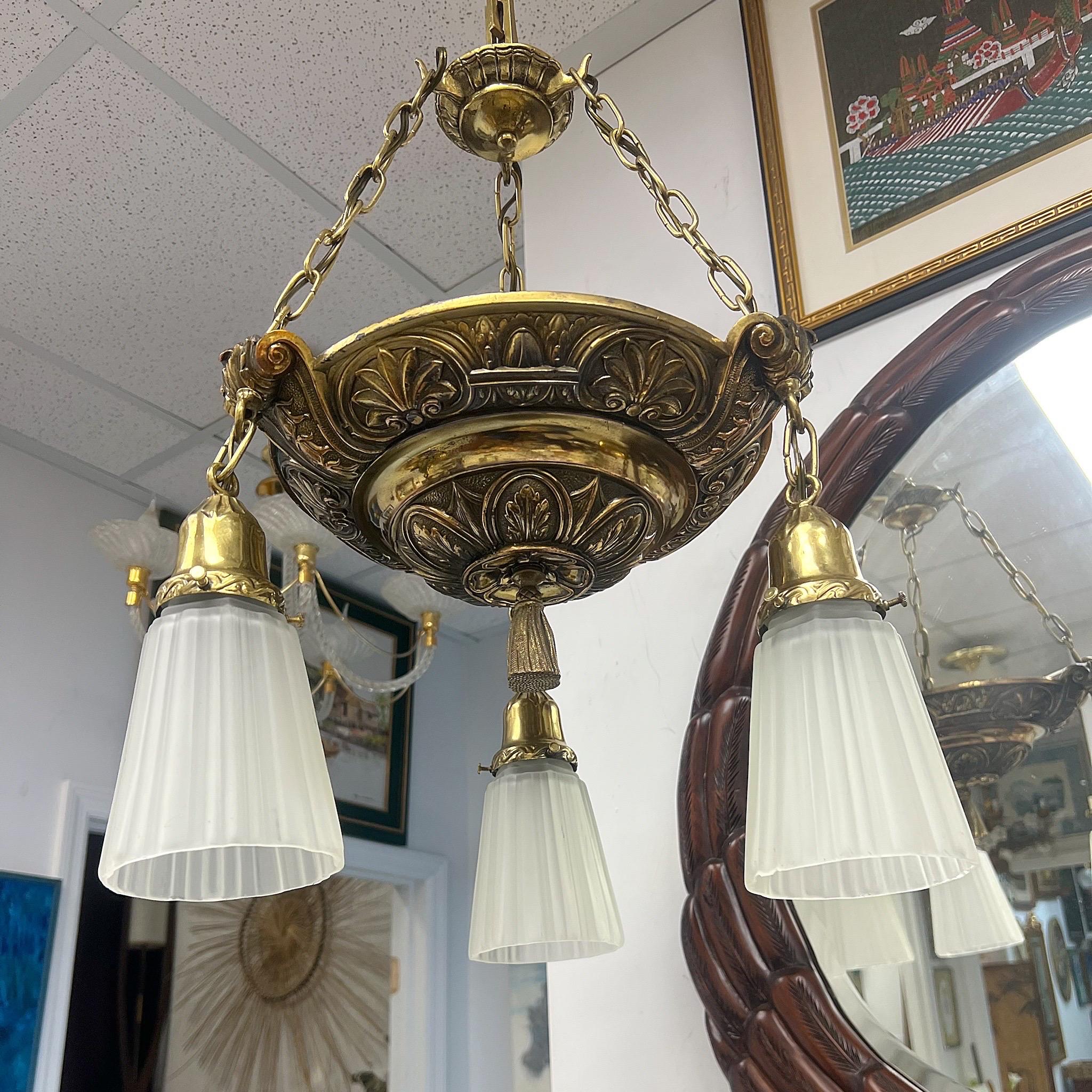 20th Century Vintage Art Nouveau Ornate 3 Light Bronze and Brass and Glass Chandelier For Sale