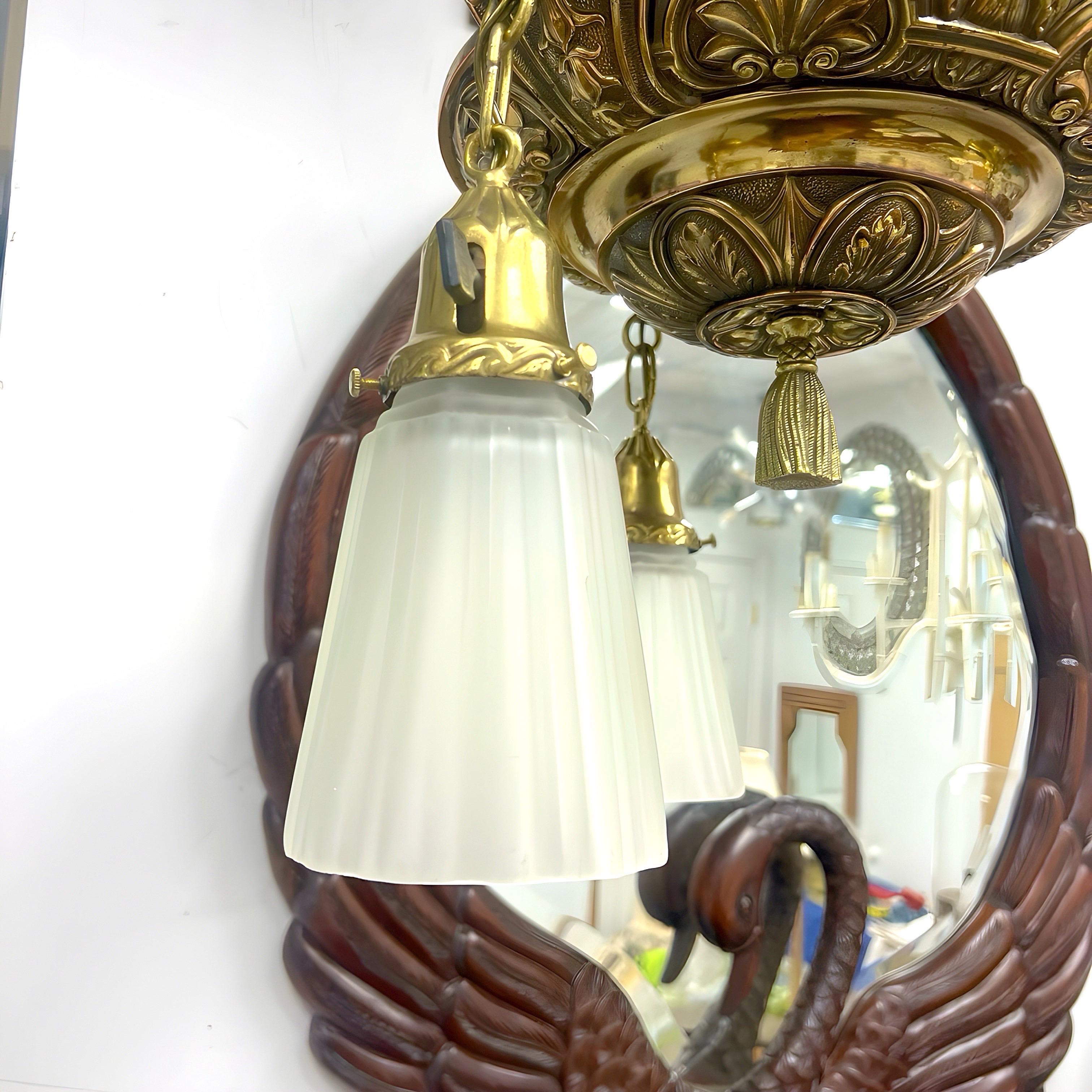 Vintage Art Nouveau Ornate 3 Light Bronze and Brass and Glass Chandelier For Sale 1