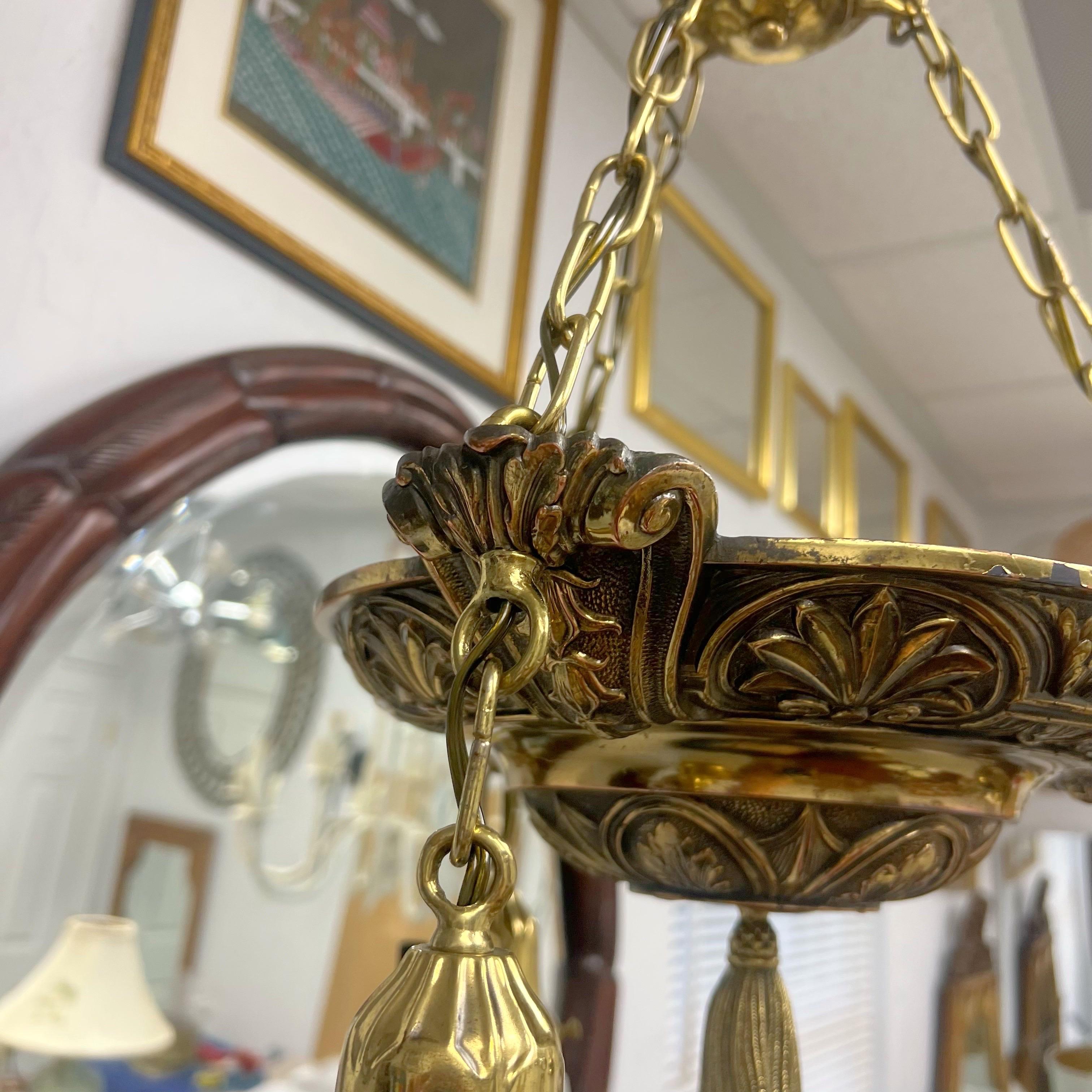 Vintage Art Nouveau Ornate 3 Light Bronze and Brass and Glass Chandelier For Sale 2