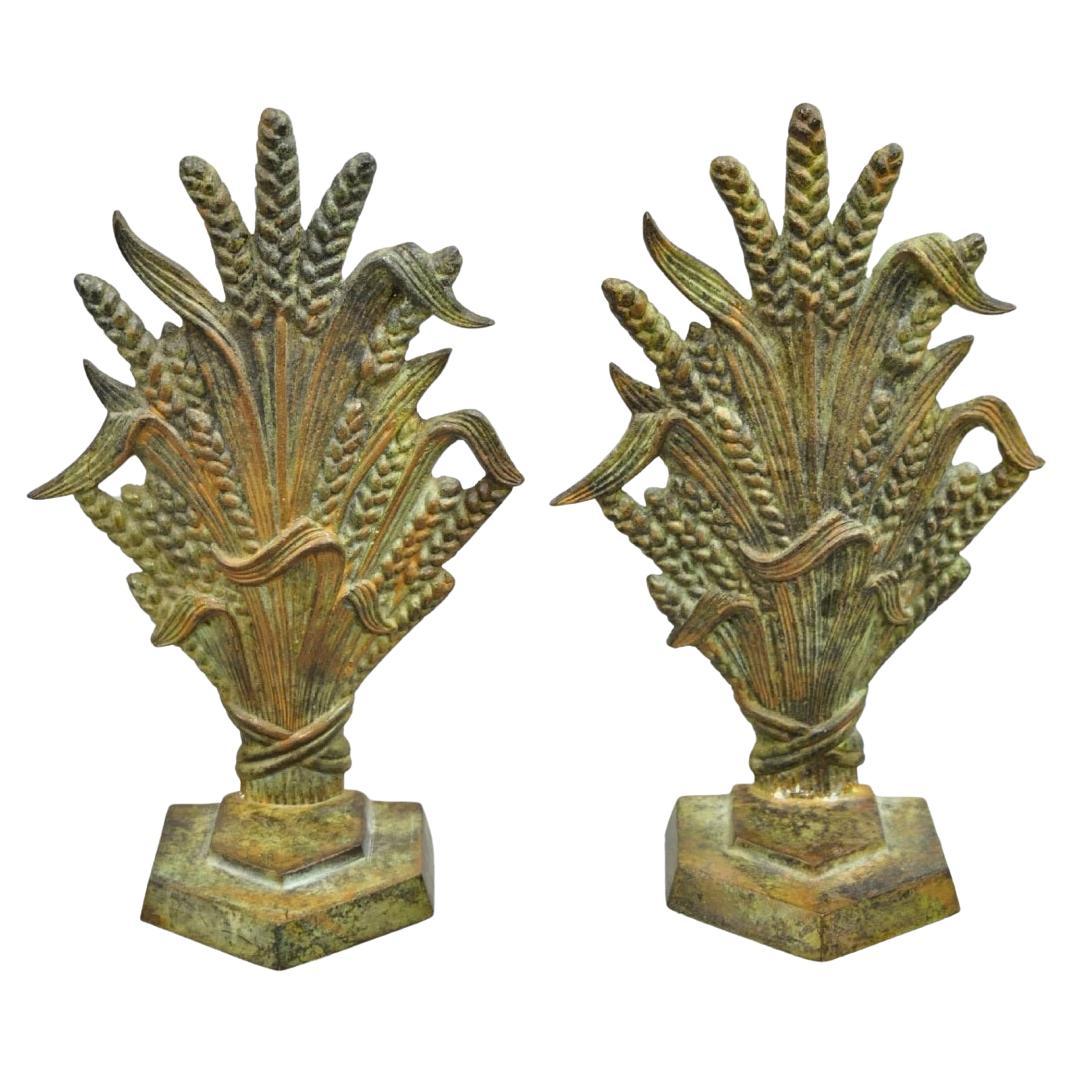 Vintage Art Nouveau Patinated Cast Metal Sheaf of Wheat Doorstop Bookends - Pair
