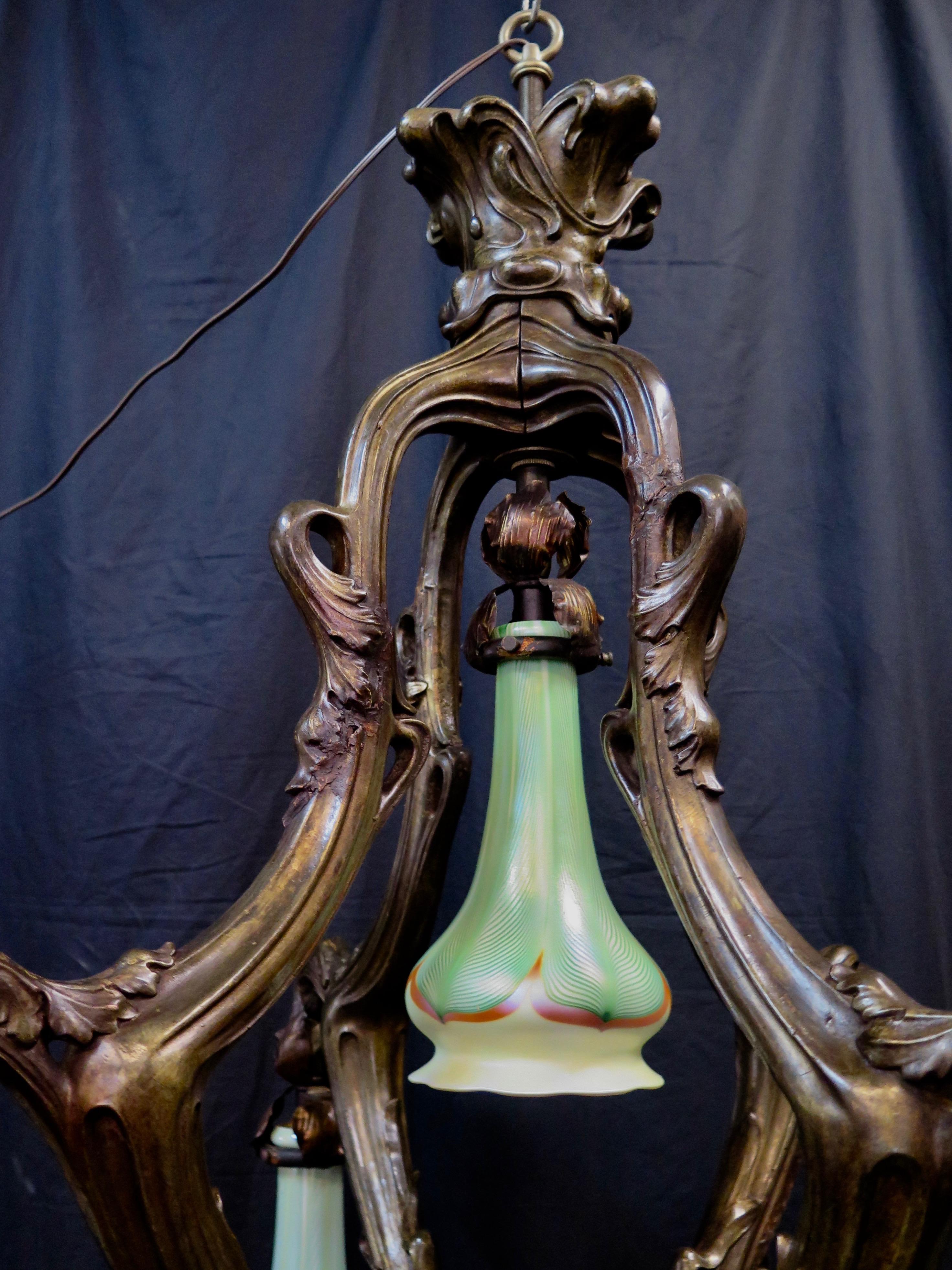 Vintage Art Nouveau Period Chandelier with Rare Quezal Shades In Good Condition In Bronx, NY