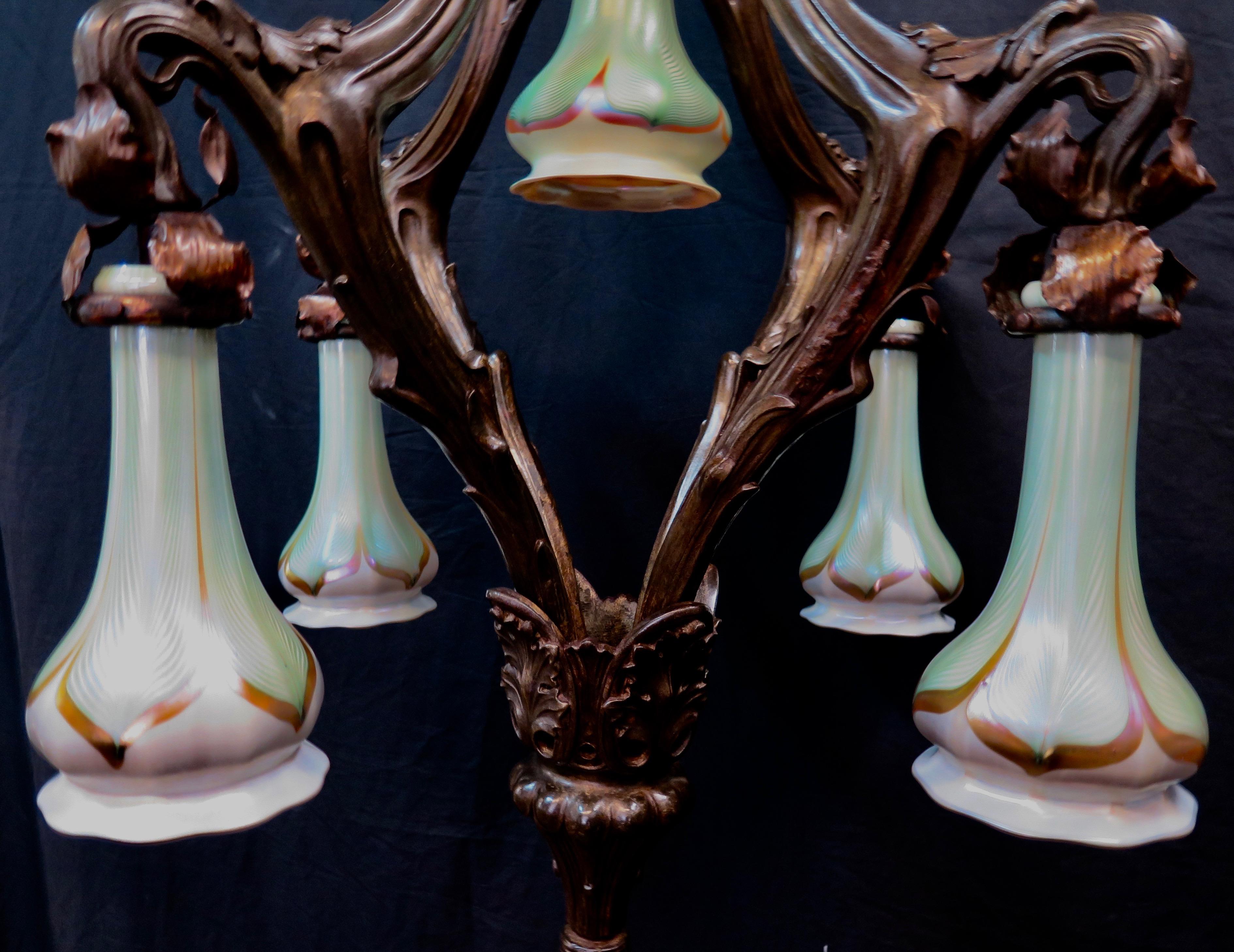 Copper Vintage Art Nouveau Period Chandelier with Rare Quezal Shades