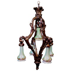 Vintage Art Nouveau Period Chandelier with Rare Quezal Shades