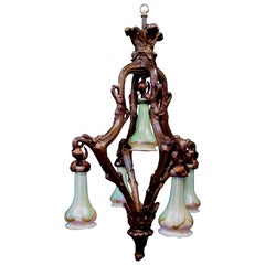 Vintage Art Nouveau Period Chandelier with Rare Quezal Shades