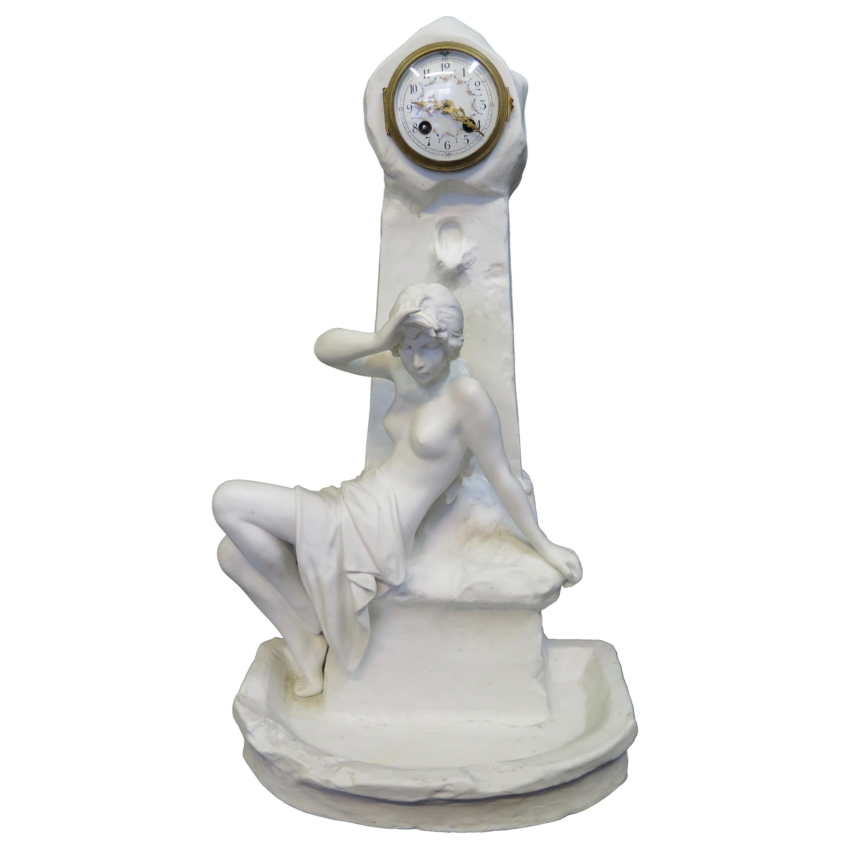 Sculpture en porcelaine vintage avec horloge d'époque Art Nouveau d'Emmanuel Villains
