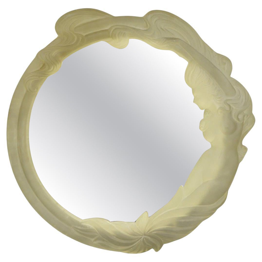 Vintage Art Nouveau Revival Lucite Acrylic Figural Woman Round Wall Mirror (specchio da parete) in vendita