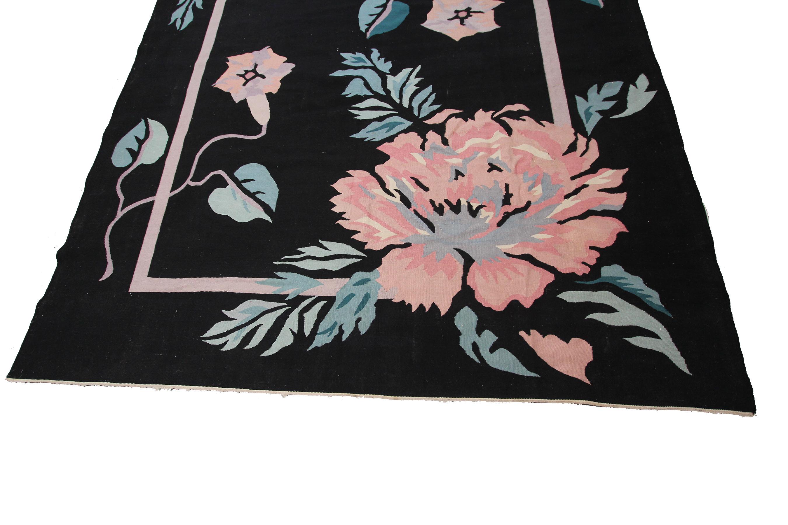 Rare Vintage European Art Nouveau Rug Bold Art Deco rug black handmade Kelim 8x10

7'9