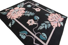 Vintage Art Nouveau Rug Bold Floral Design Black 8x10 Handwoven Art Deco Rug