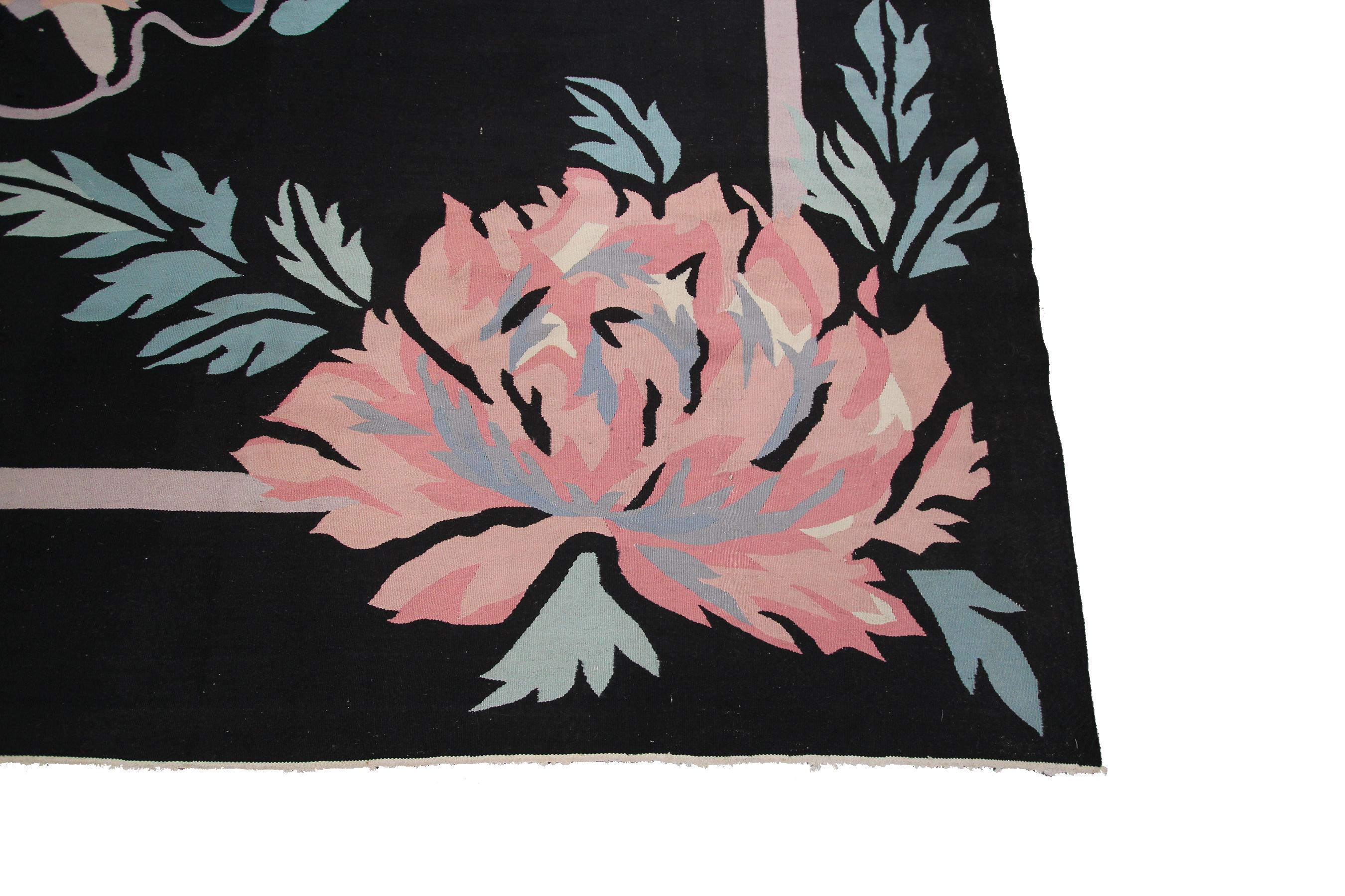 Hand-Woven Vintage Art Nouveau Rug Bold Floral Design Black 8x10 Handwoven Art Deco Rug For Sale