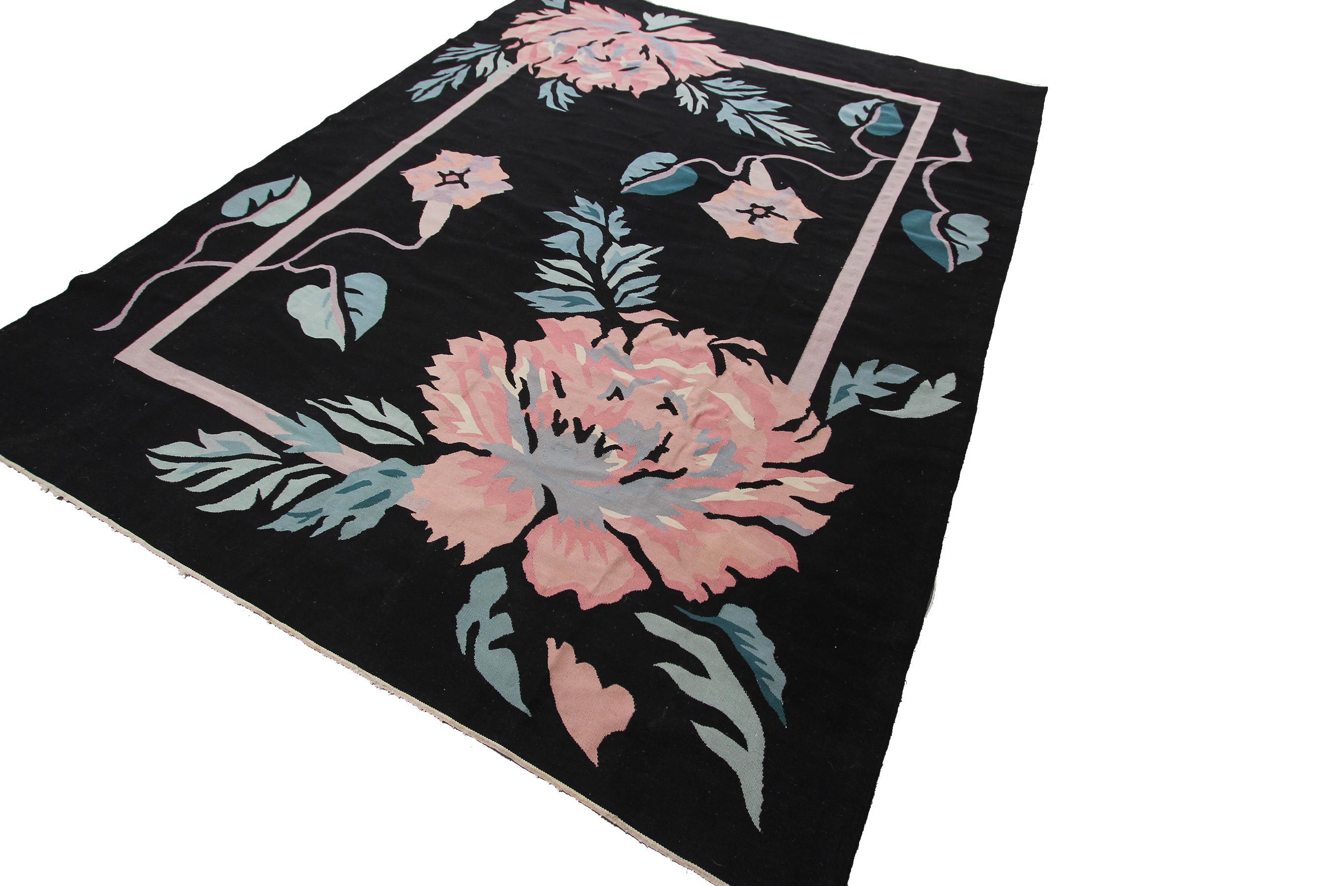 Wool Vintage Art Nouveau Rug Bold Floral Design Black 8x10 Handwoven Art Deco Rug For Sale