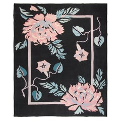 Used Art Nouveau Rug Bold Floral Design Black 8x10 Handwoven Art Deco Rug