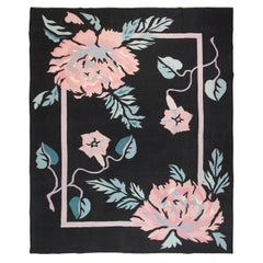 Vintage Art Nouveau Rug Bold Floral Design Black 8x10 Handwoven Art Deco Rug