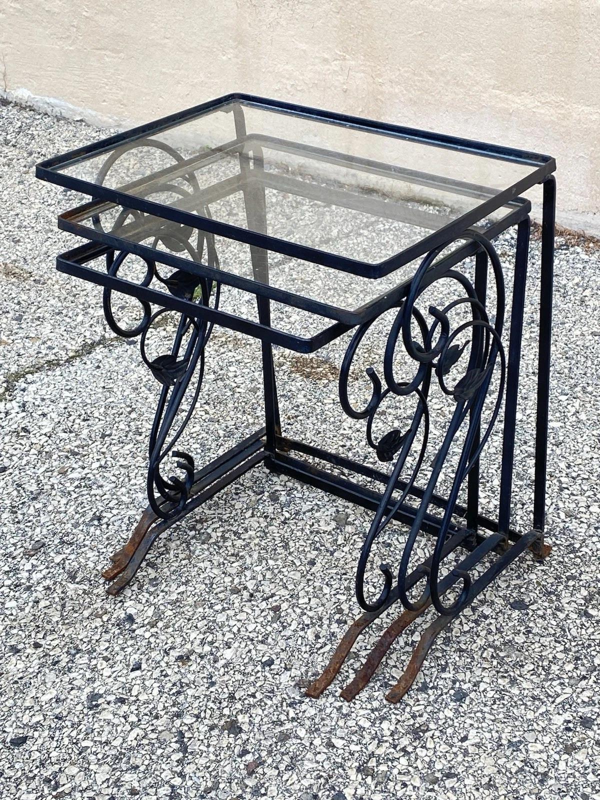 Vintage Art Nouveau Salterini Wrought Iron Garden Patio Nesting Side Tables - 3 Pc Set. Circa Mid 20th Century. Measurements: 20
