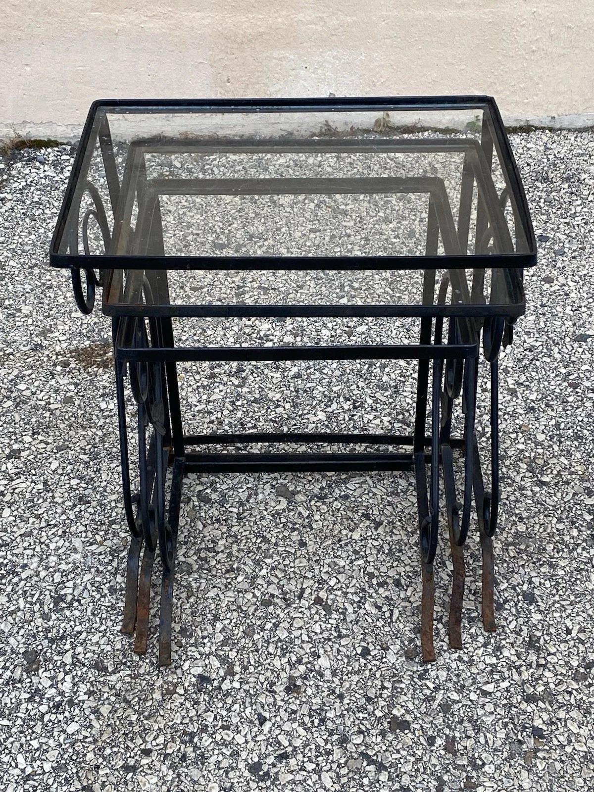 Cast Vintage Art Nouveau Salterini Wrought Iron Garden Nesting Side Tables - 3 Pc Set For Sale