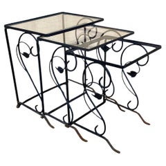 Vintage Art Nouveau Salterini Wrought Iron Garden Nesting Side Tables - 3 Pc Set