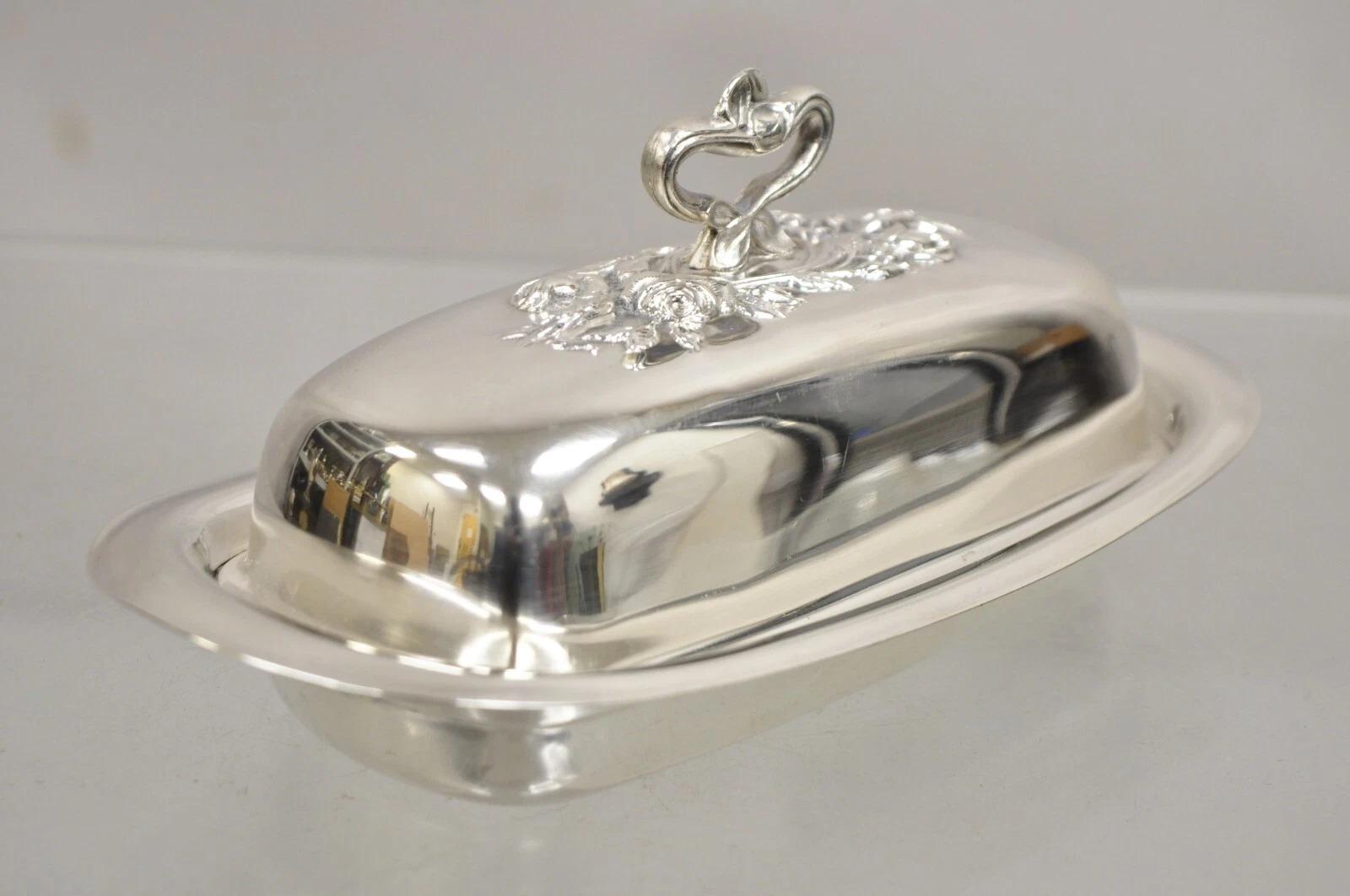 Plat à beurre Art Nouveau couvert d'argent avec revêtement en verre par Pilgrim Bon état - En vente à Philadelphia, PA
