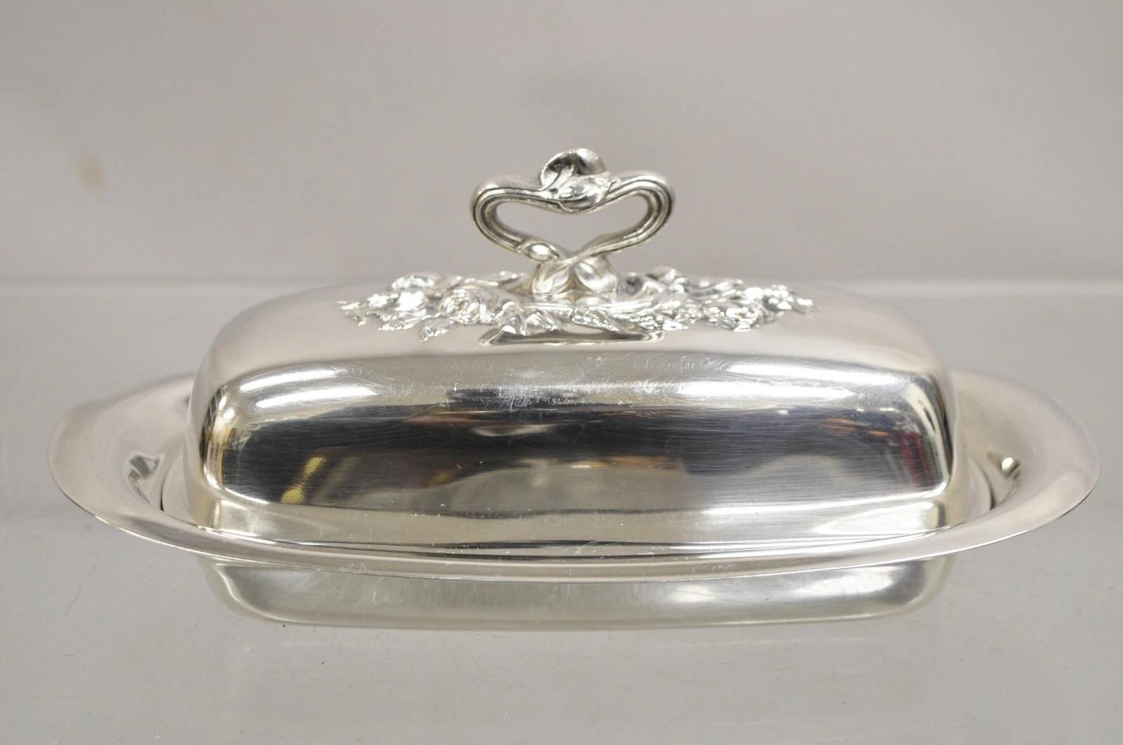 Plat à beurre Art Nouveau couvert d'argent avec revêtement en verre par Pilgrim en vente 2
