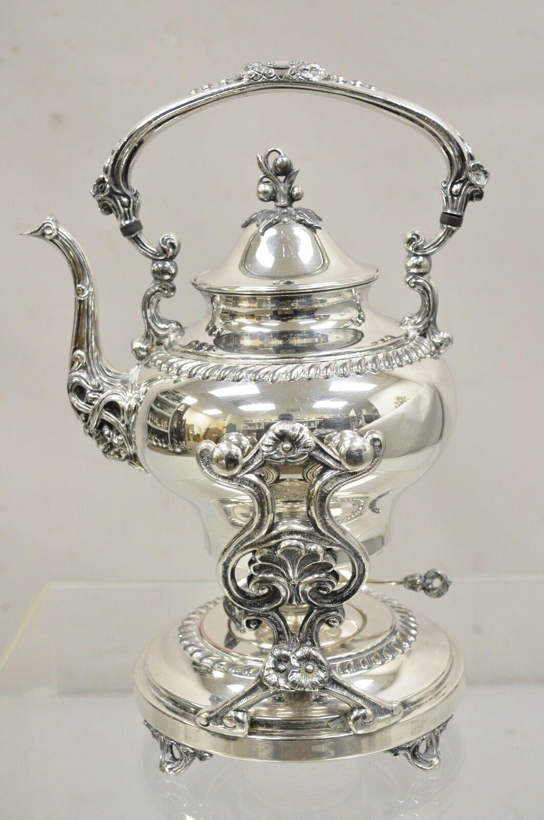 Vintage Art Nouveau Silver Plated Floral Repousse Tilting Tea Pot on Stand For Sale 8