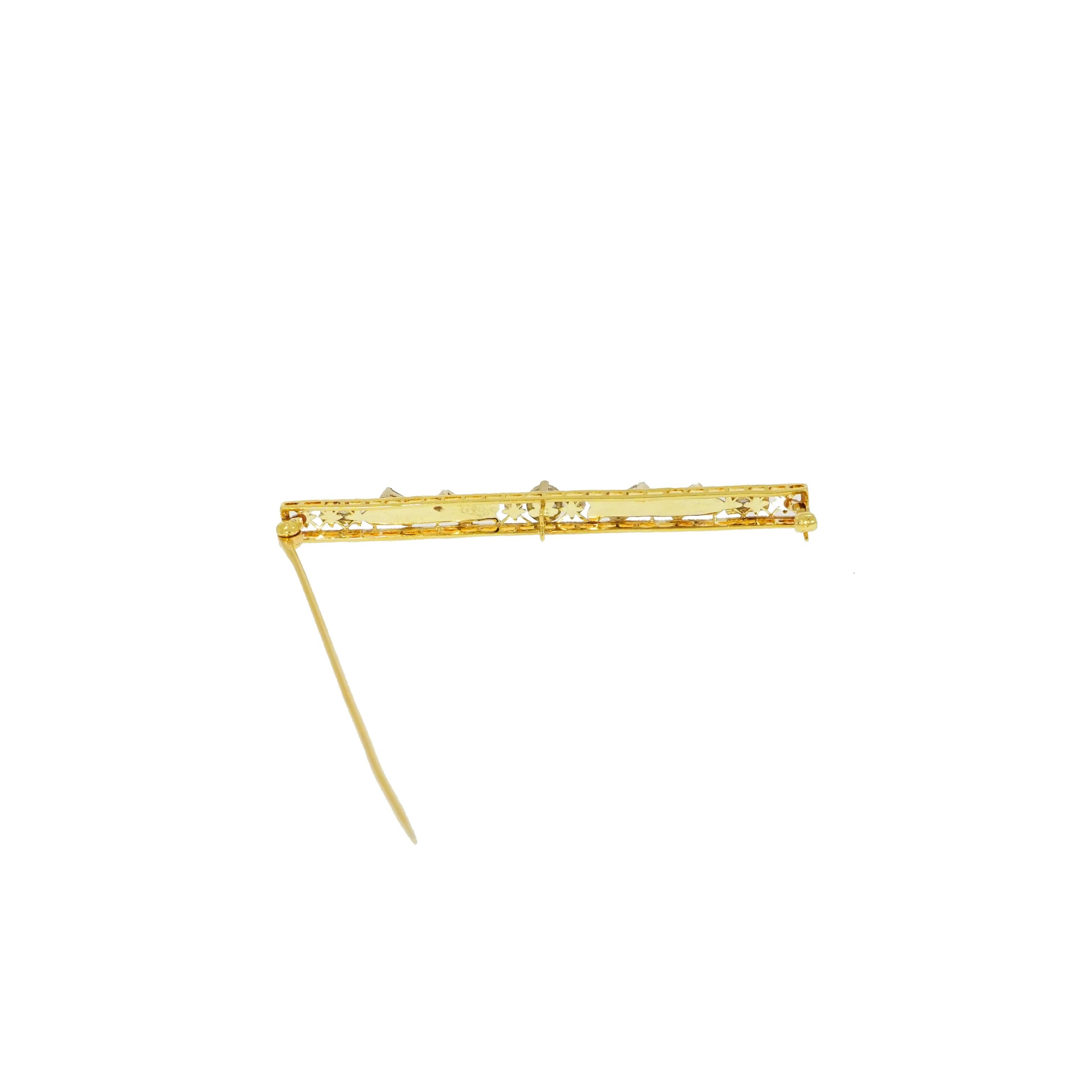 Women's or Men's Vintage Art Nouveau Straight Bar Diamond Yellow Gold Brooch