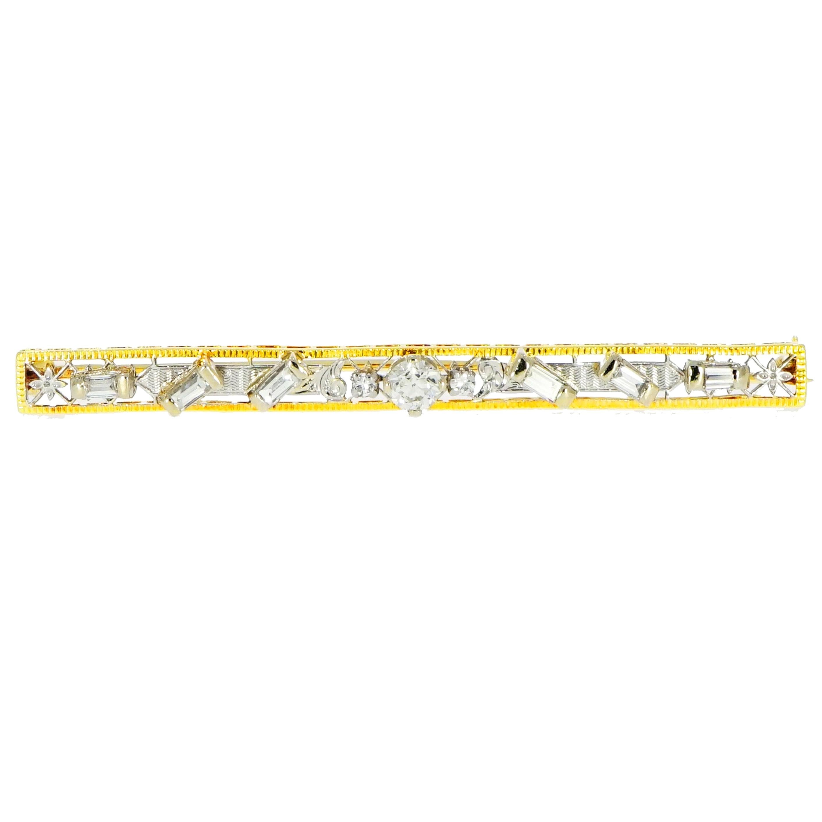 Vintage Art Nouveau Straight Bar Diamond Yellow Gold Brooch