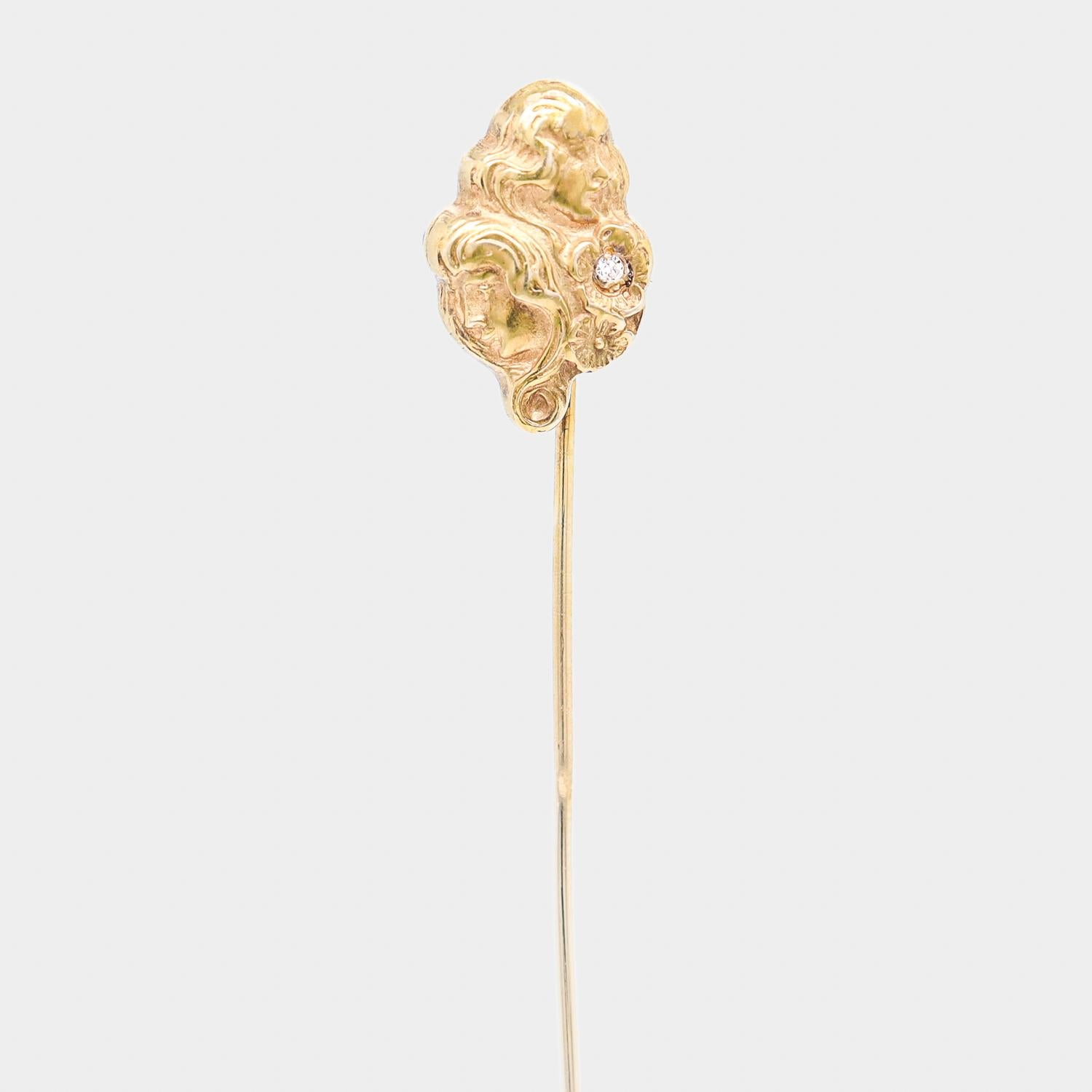 Round Cut Vintage Art Nouveau Style 14k Gold & Diamond Women in Profile Stickpin For Sale