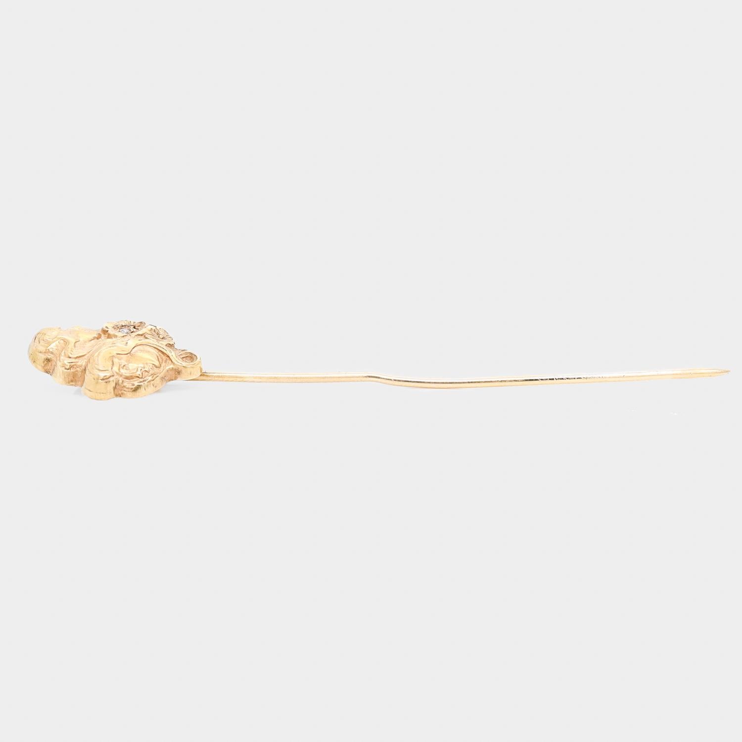 Vintage Art Nouveau Style 14k Gold & Diamond Women in Profile Stickpin For Sale 3