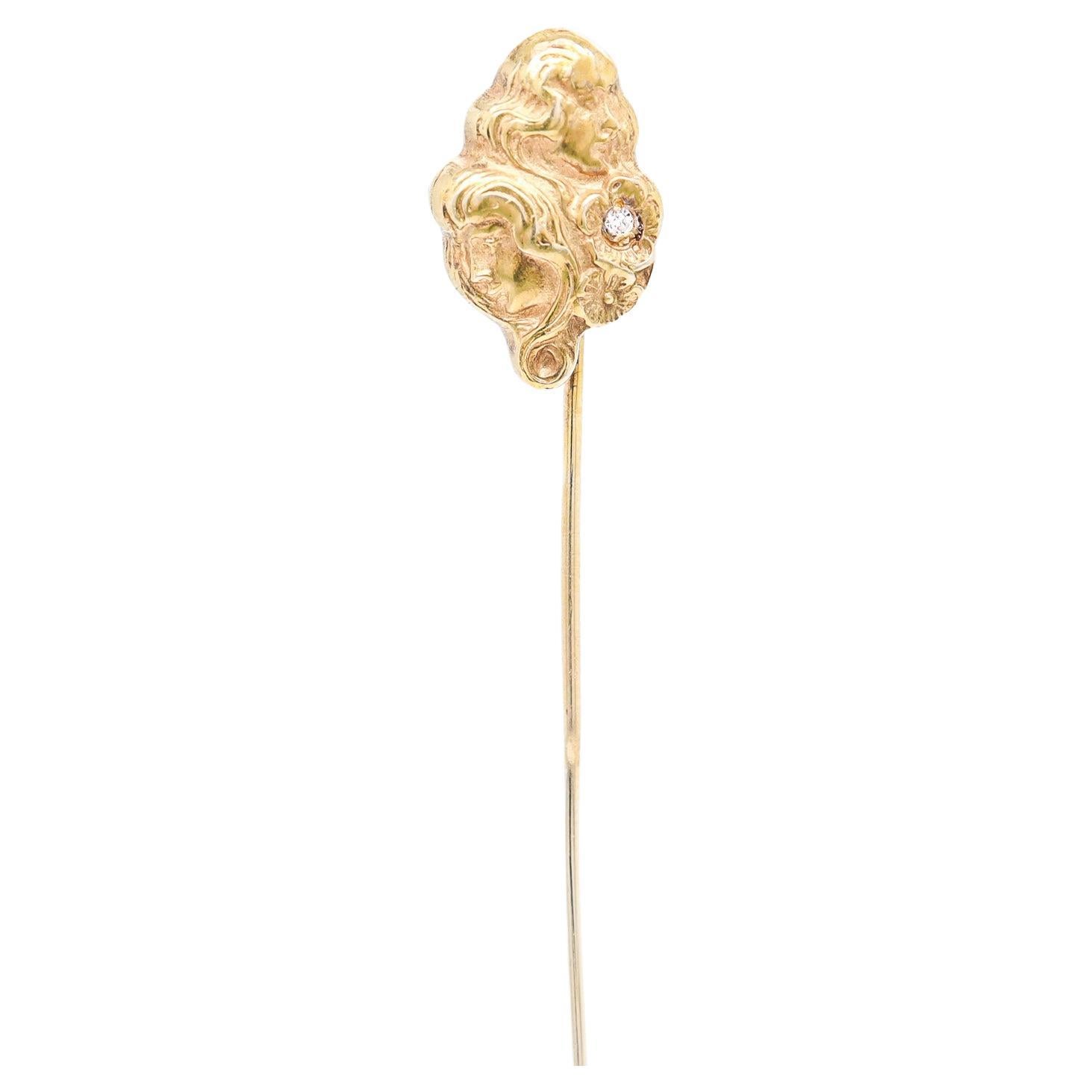Vintage Art Nouveau Style 14k Gold & Diamond Women in Profile Stickpin For Sale