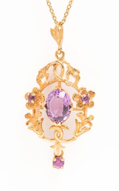 Vintage Art Nouveau Style 9ct Gold Amethyst Pendant Necklace