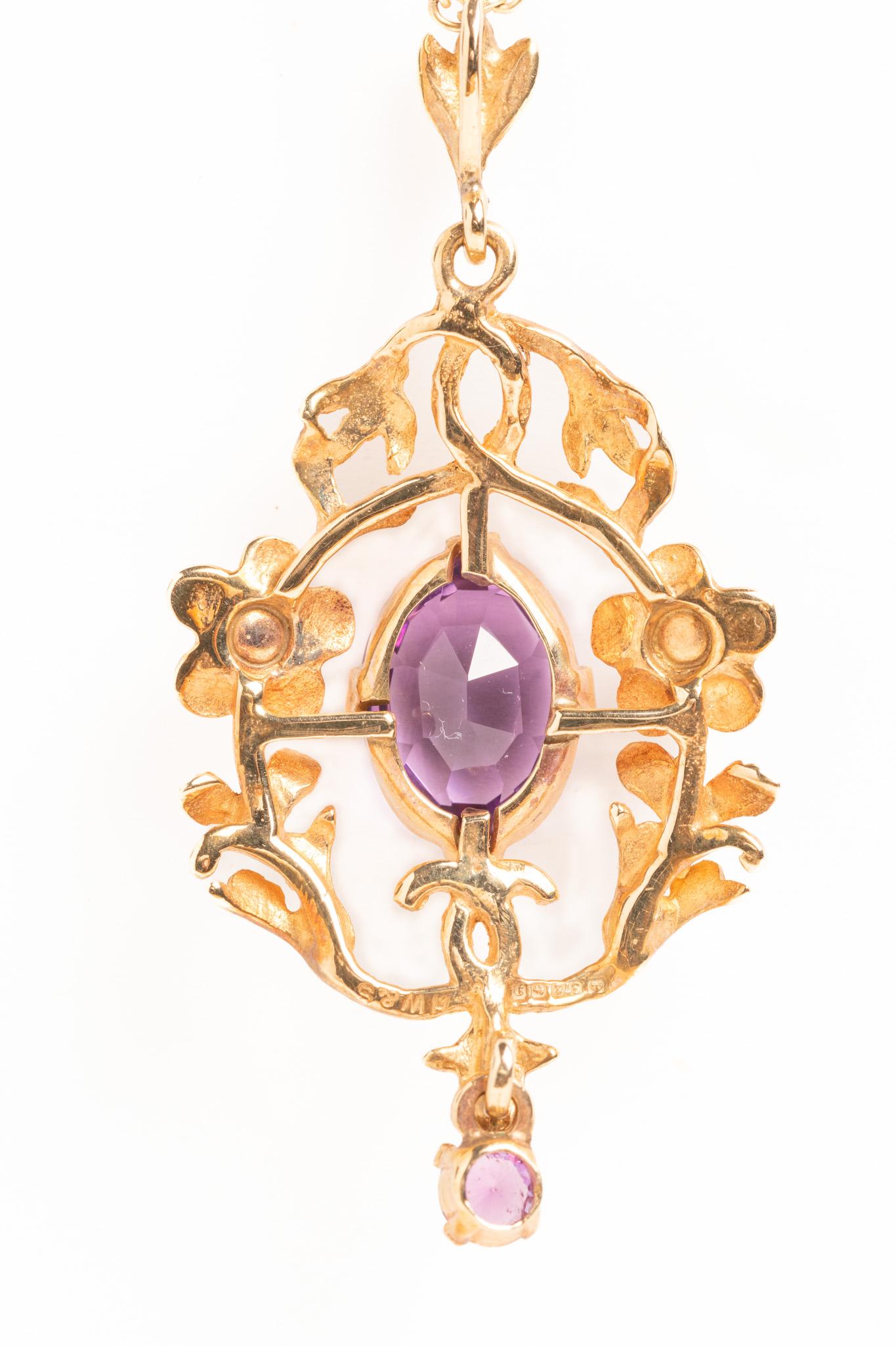 Cabochon Vintage Art Nouveau Style 9ct Gold Amethyst Pendant Necklace For Sale