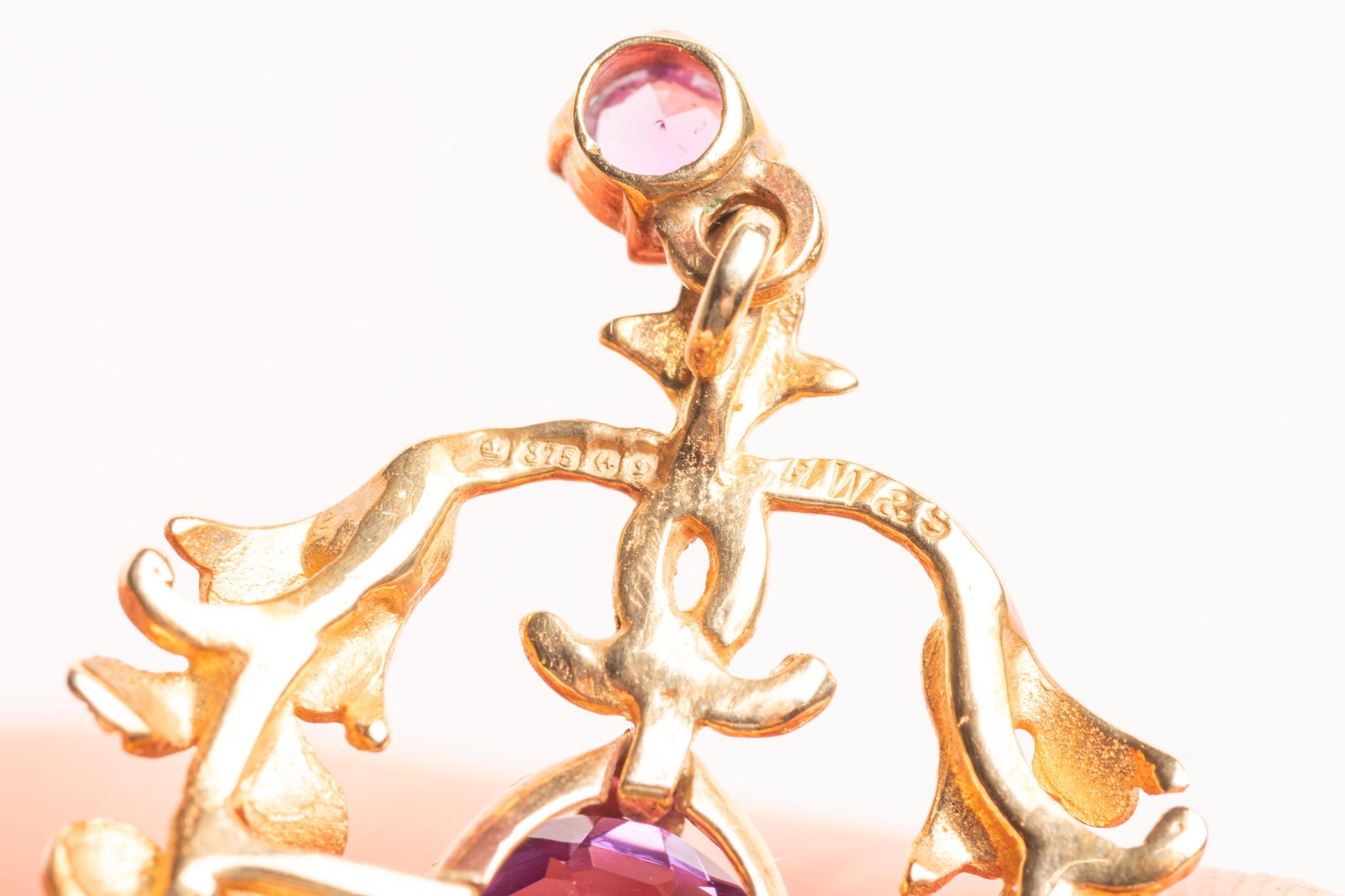 Women's Vintage Art Nouveau Style 9ct Gold Amethyst Pendant Necklace For Sale