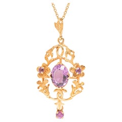 Vintage Art Nouveau Style 9ct Gold Amethyst Pendant Necklace