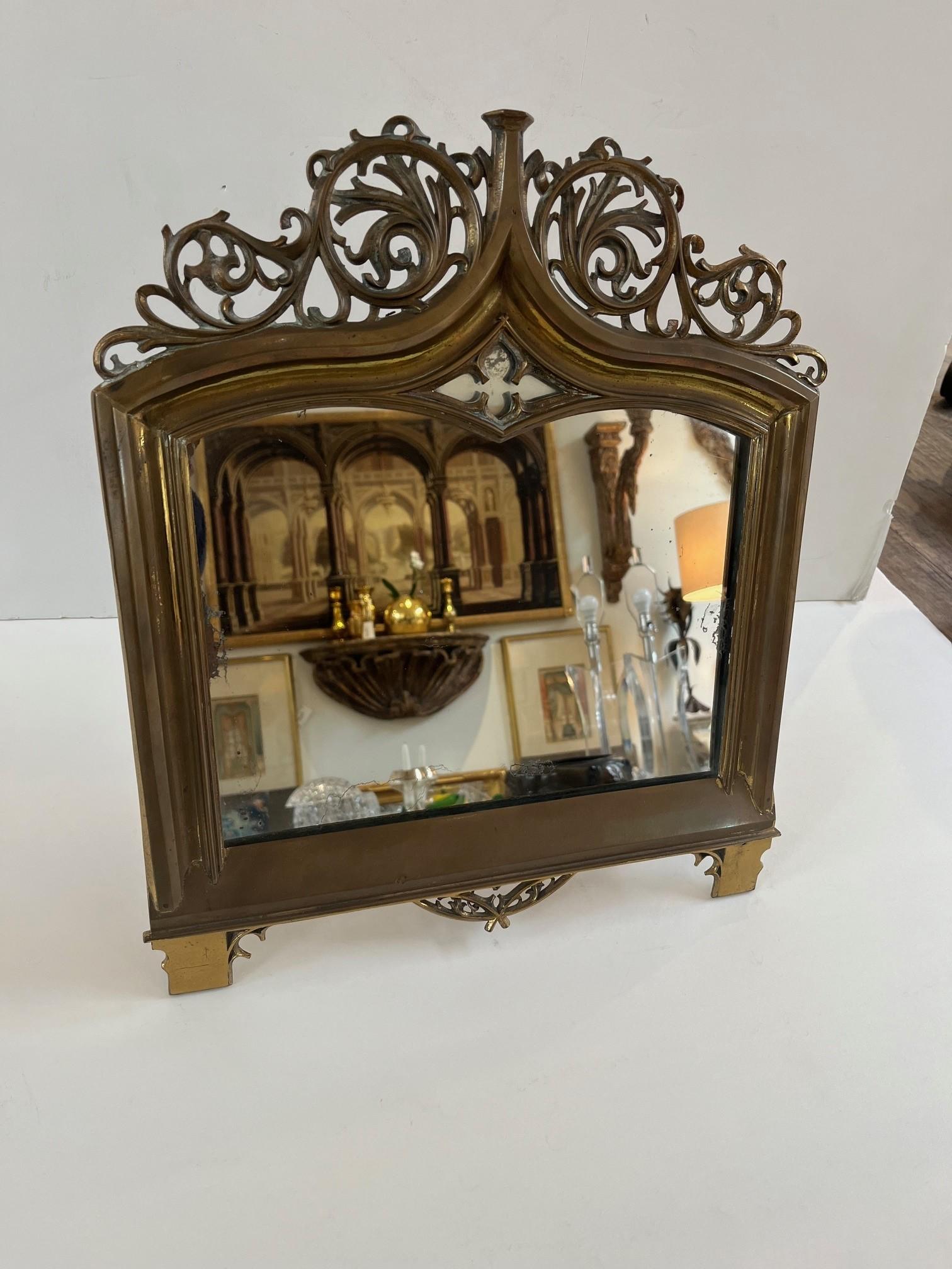 Vintage Art Nouveau Style Brass Vanity Mirror In Good Condition For Sale In Los Angeles, CA