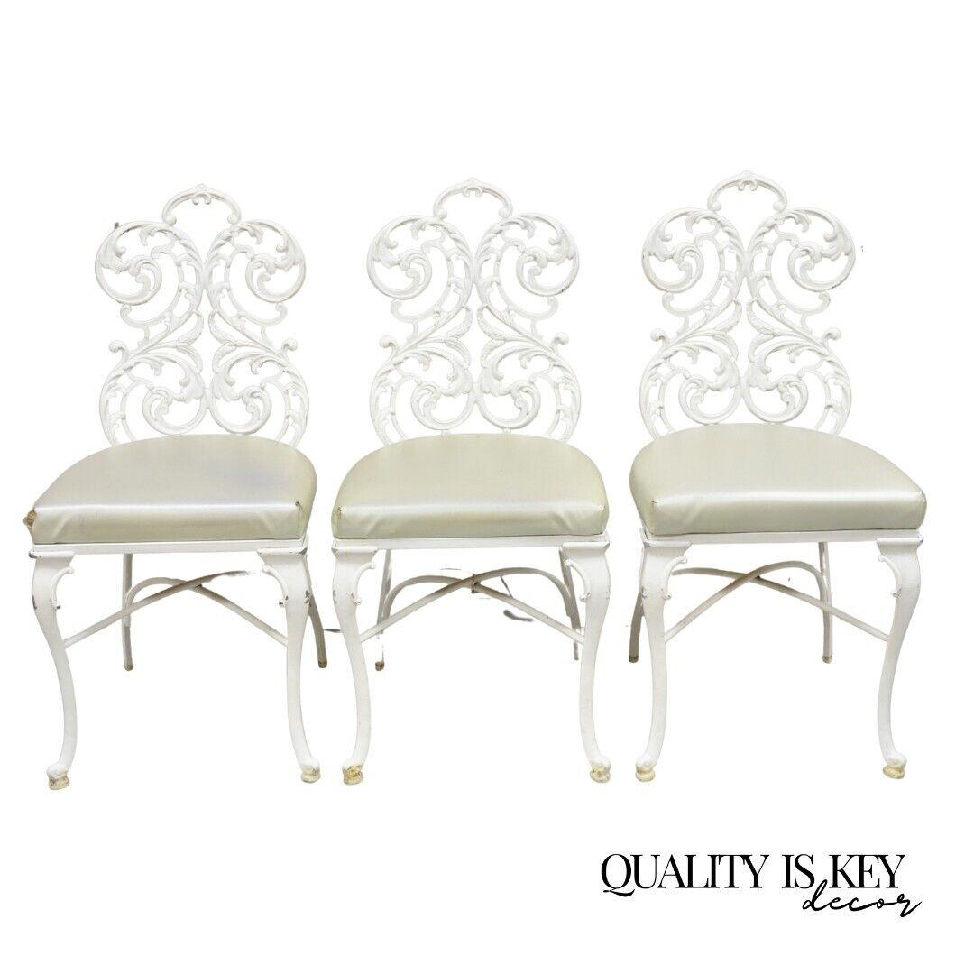 Vintage Art Nouveau Style Cast Aluminum Sunroom Patio Dining Chairs - Set of 3. Circa Mid 20th Century. Measurements: 36.5